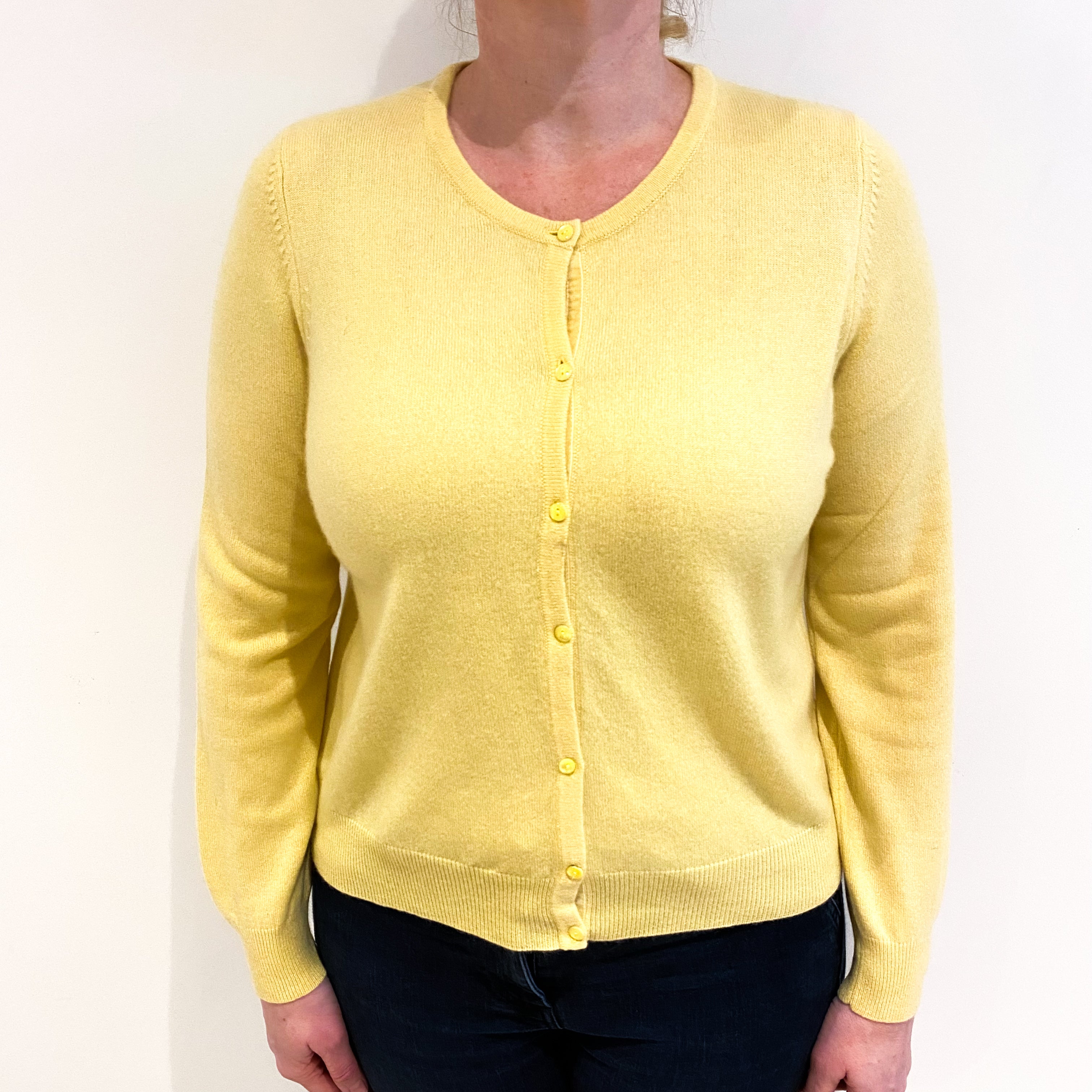 Lemon Yellow Cashmere Crew Neck Cardigan Large