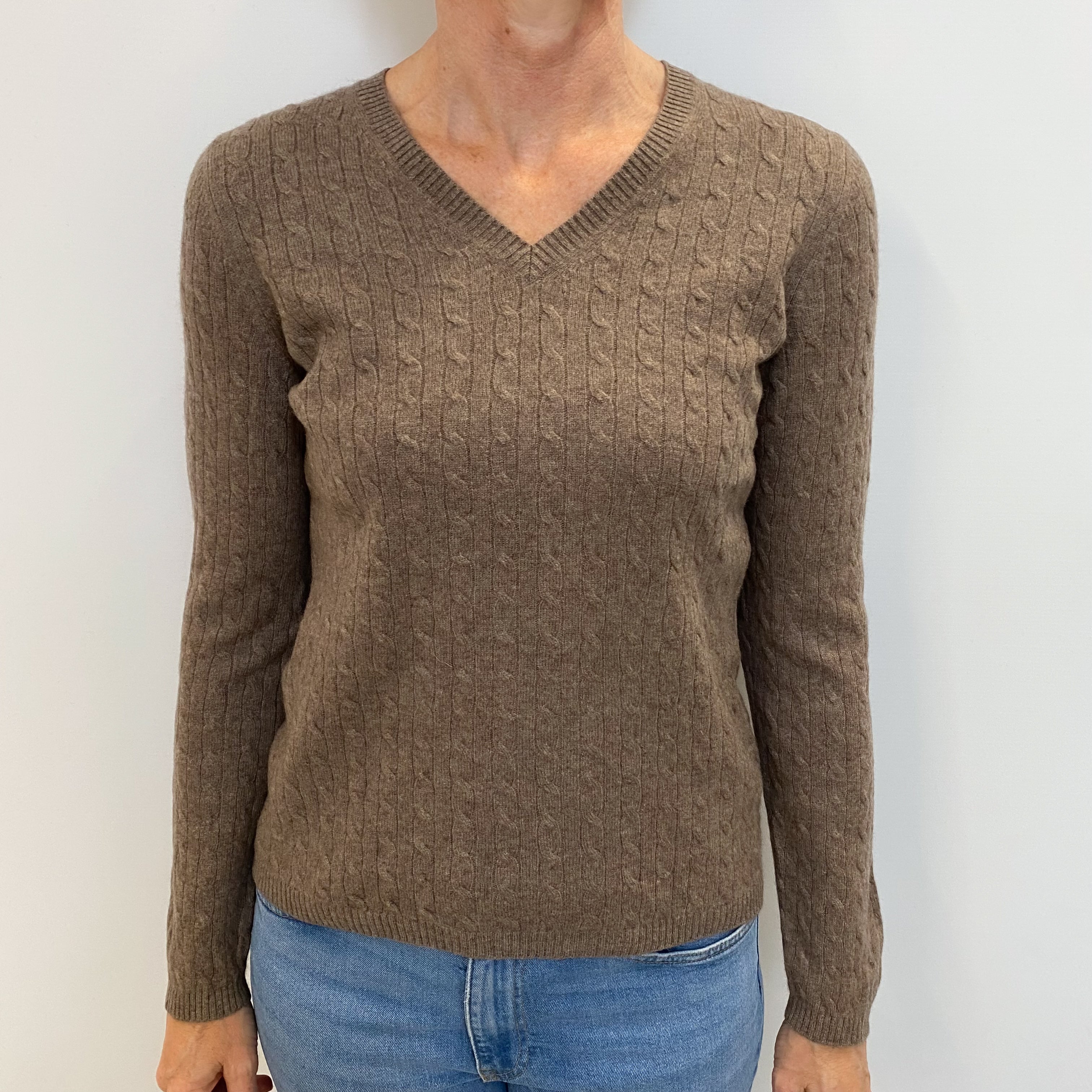 Donkey Brown Cashmere V Neck Cable Knit Jumper Small