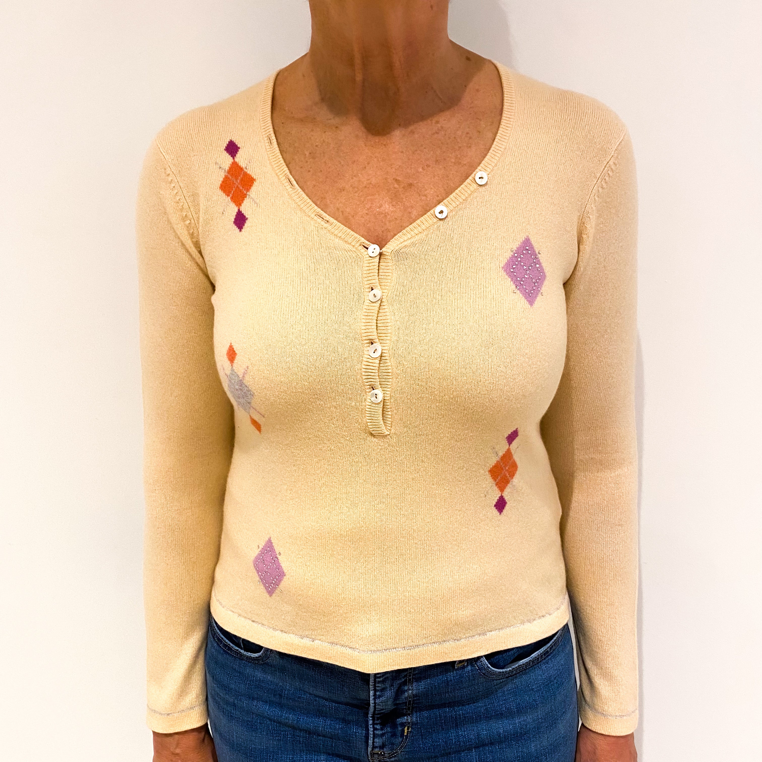 Pale Peach Patterned Cashmere Buttoned V Neck Jumper Medium