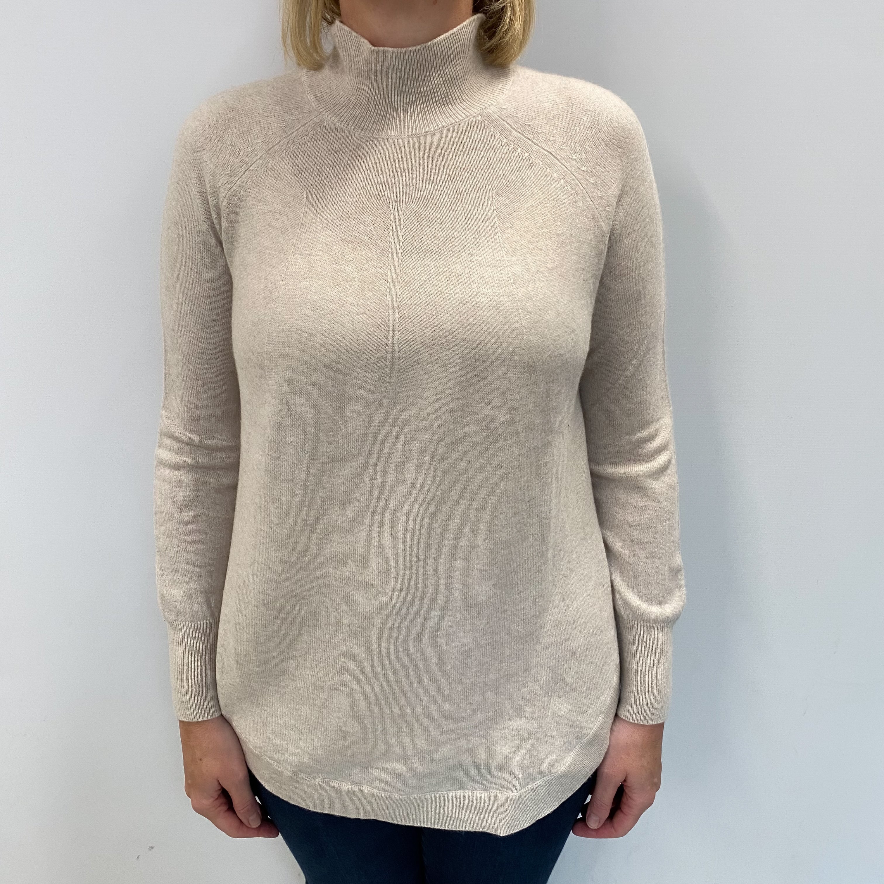 Oatmeal Beige Cashmere Turtle Neck Jumper Large