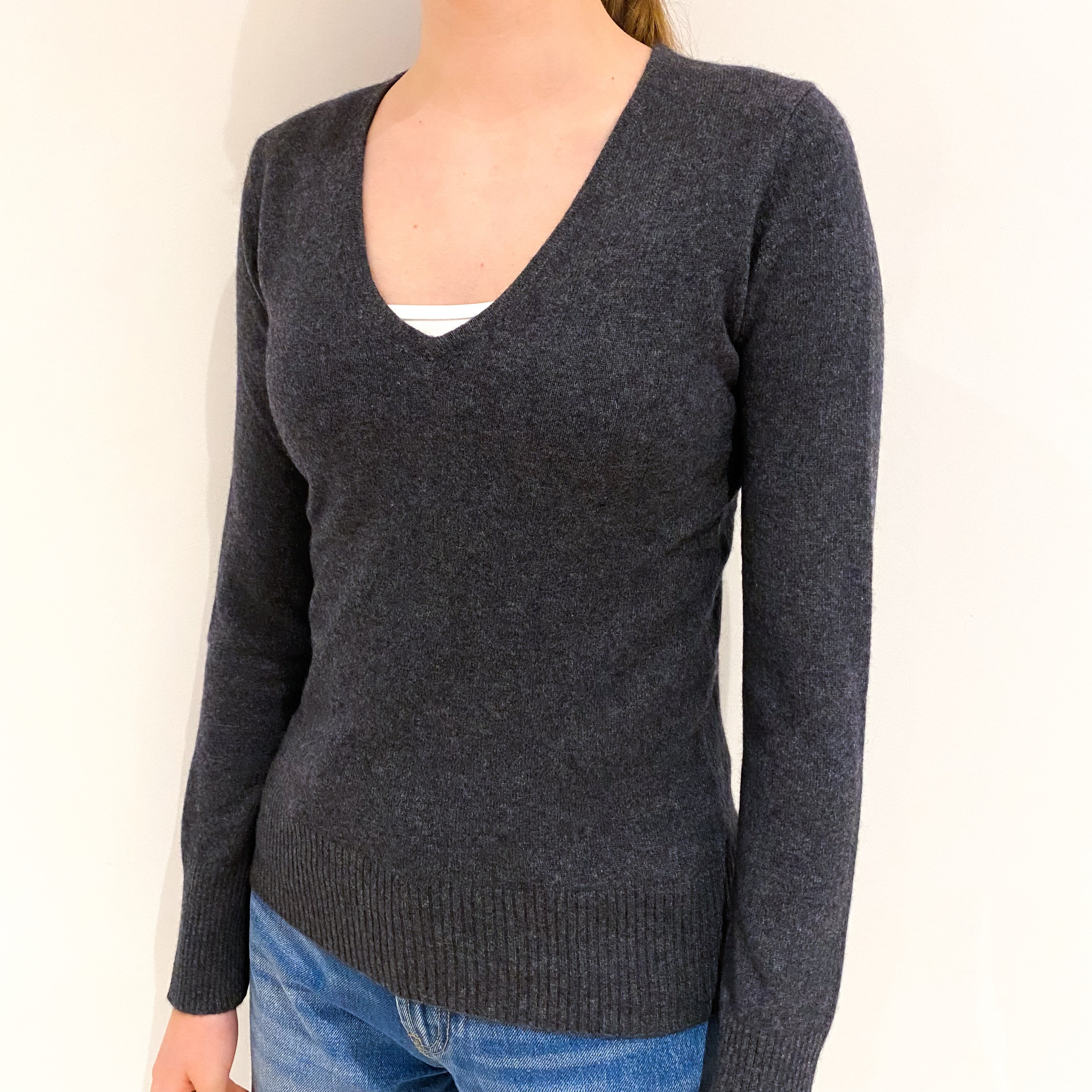 Slate Grey Cashmere V-Neck Jumper Extra Small