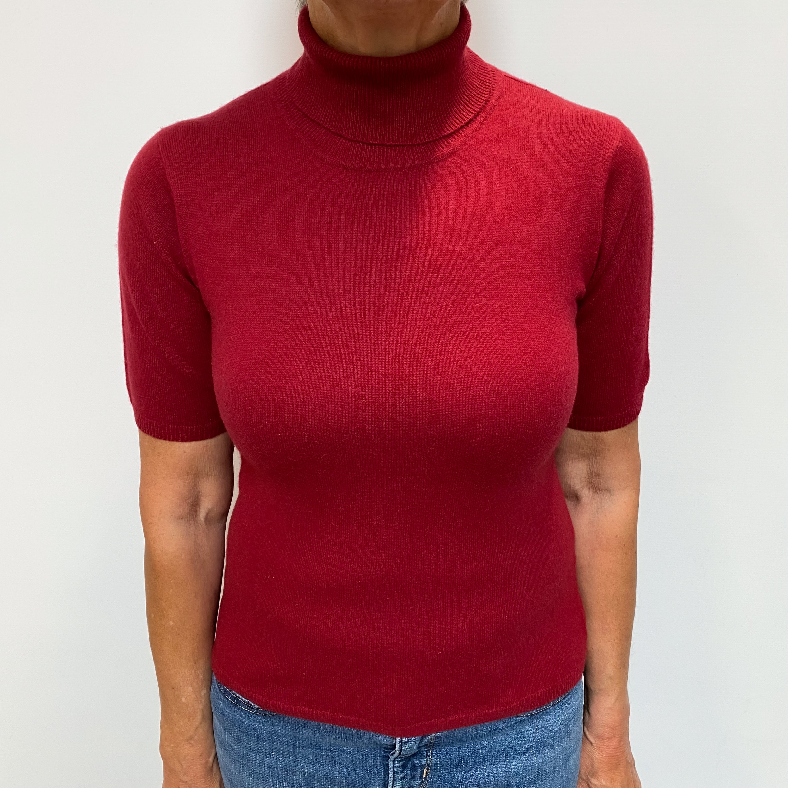 Crimson Red Cashmere Polo Neck Short Sleeved Jumper Medium