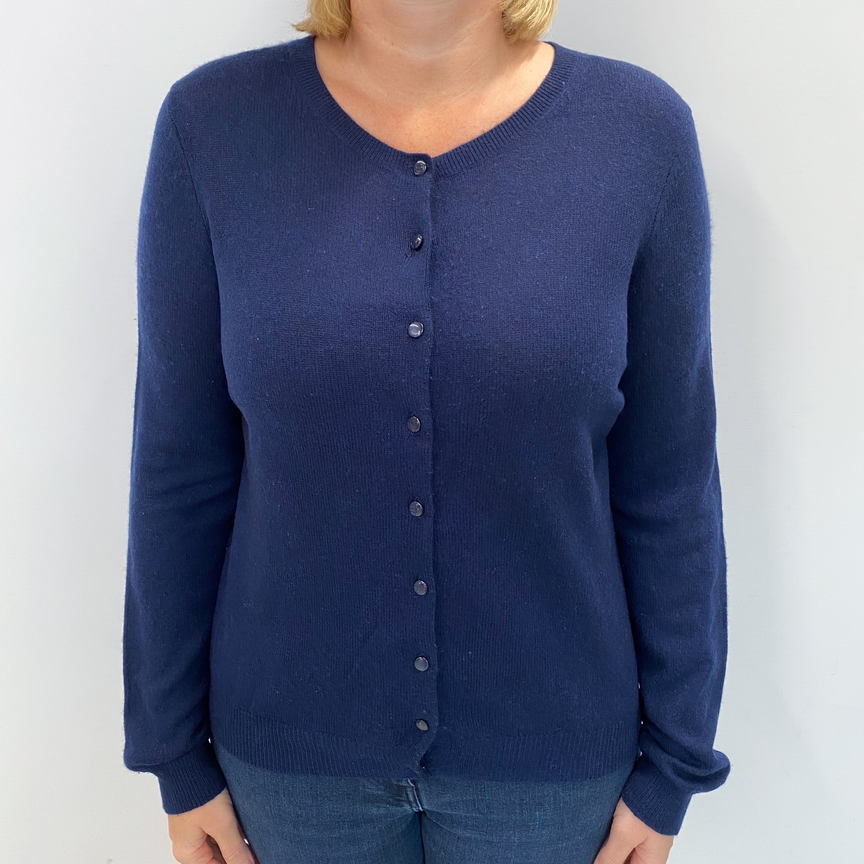 Navy Blue Cashmere Crew Neck Cardigan Large