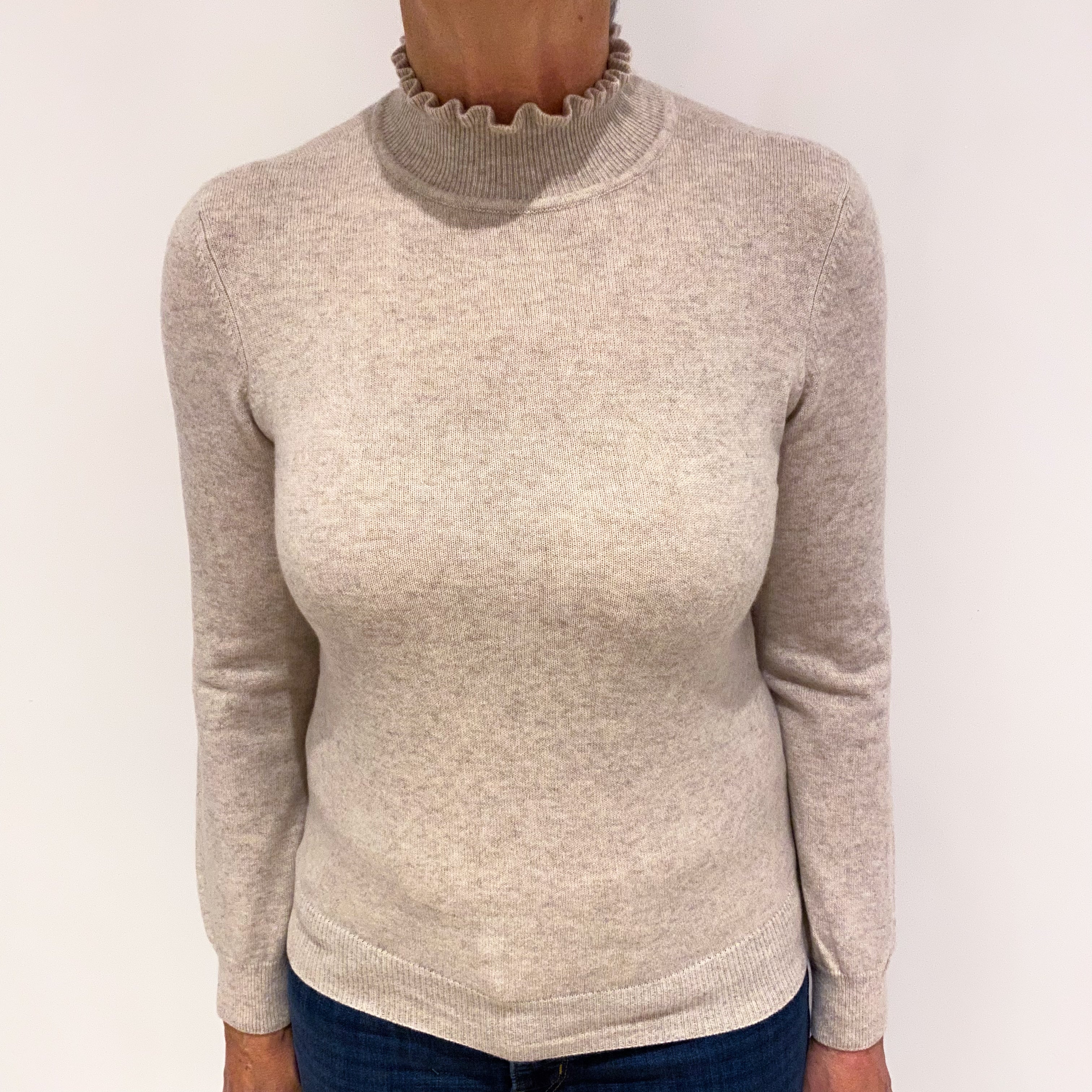 Oatmeal Beige Cashmere Turtle Neck Jumper Medium