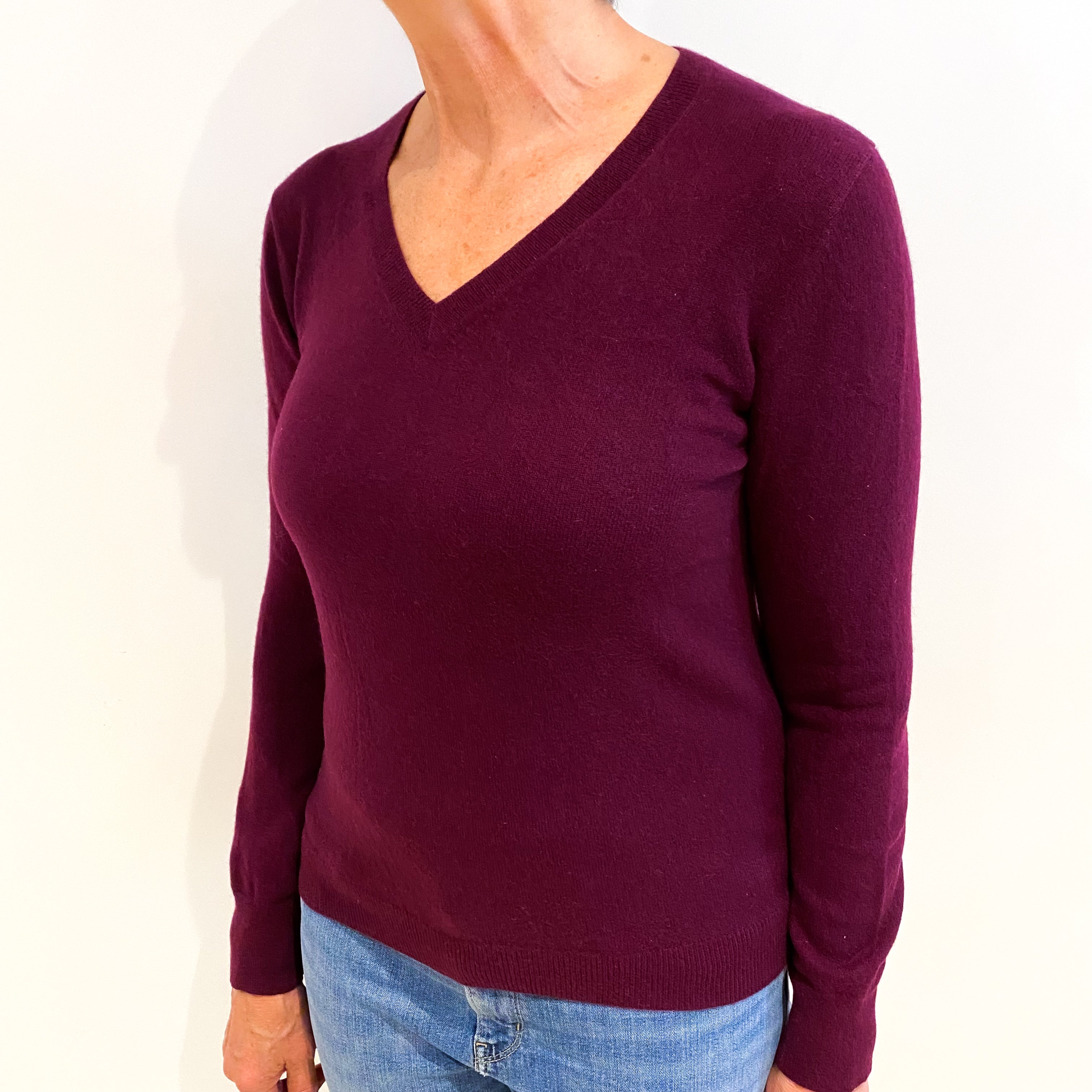 Plum Purple Cashmere V Neck Jumper Medium