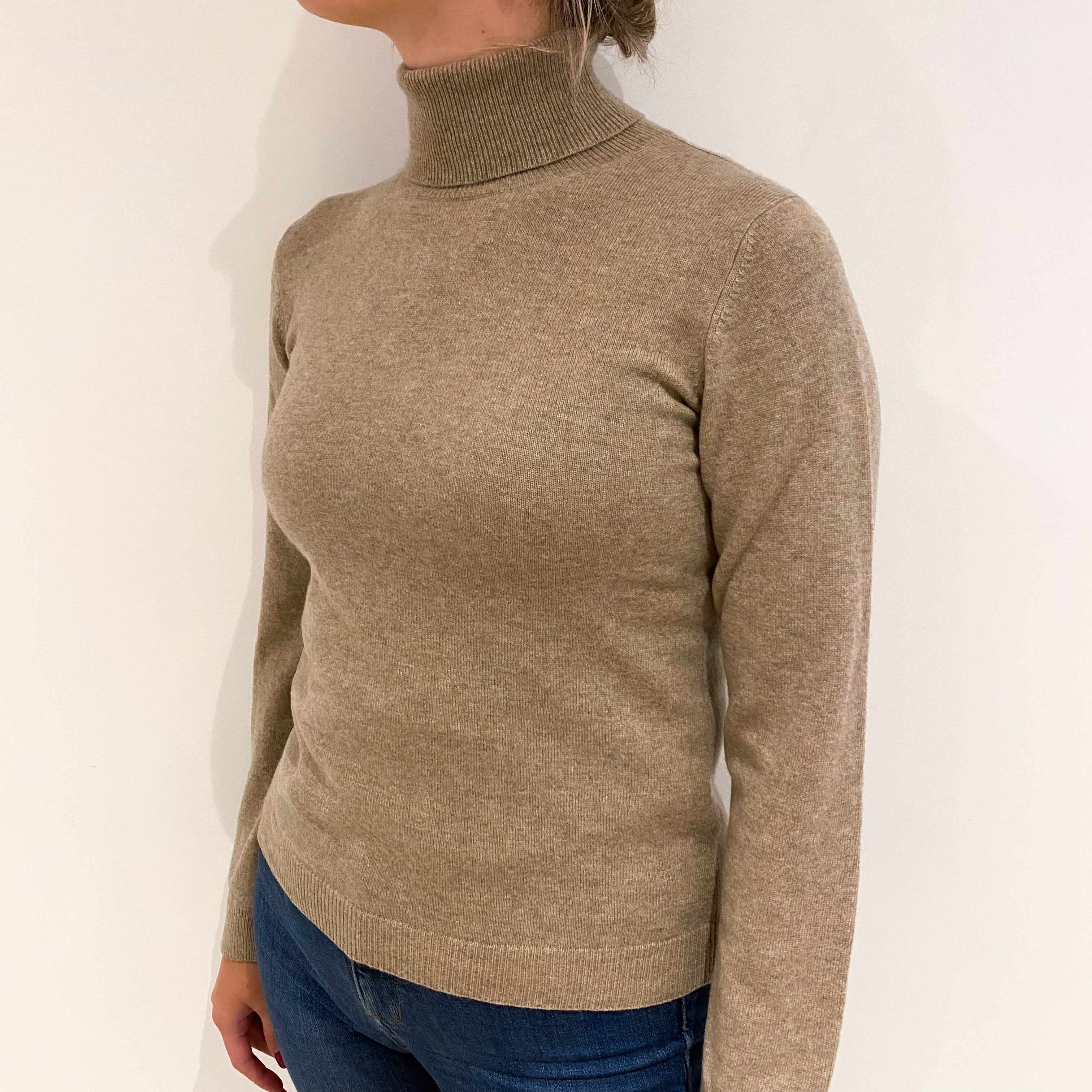 Taupe Brown Cashmere Polo Neck Jumper Small