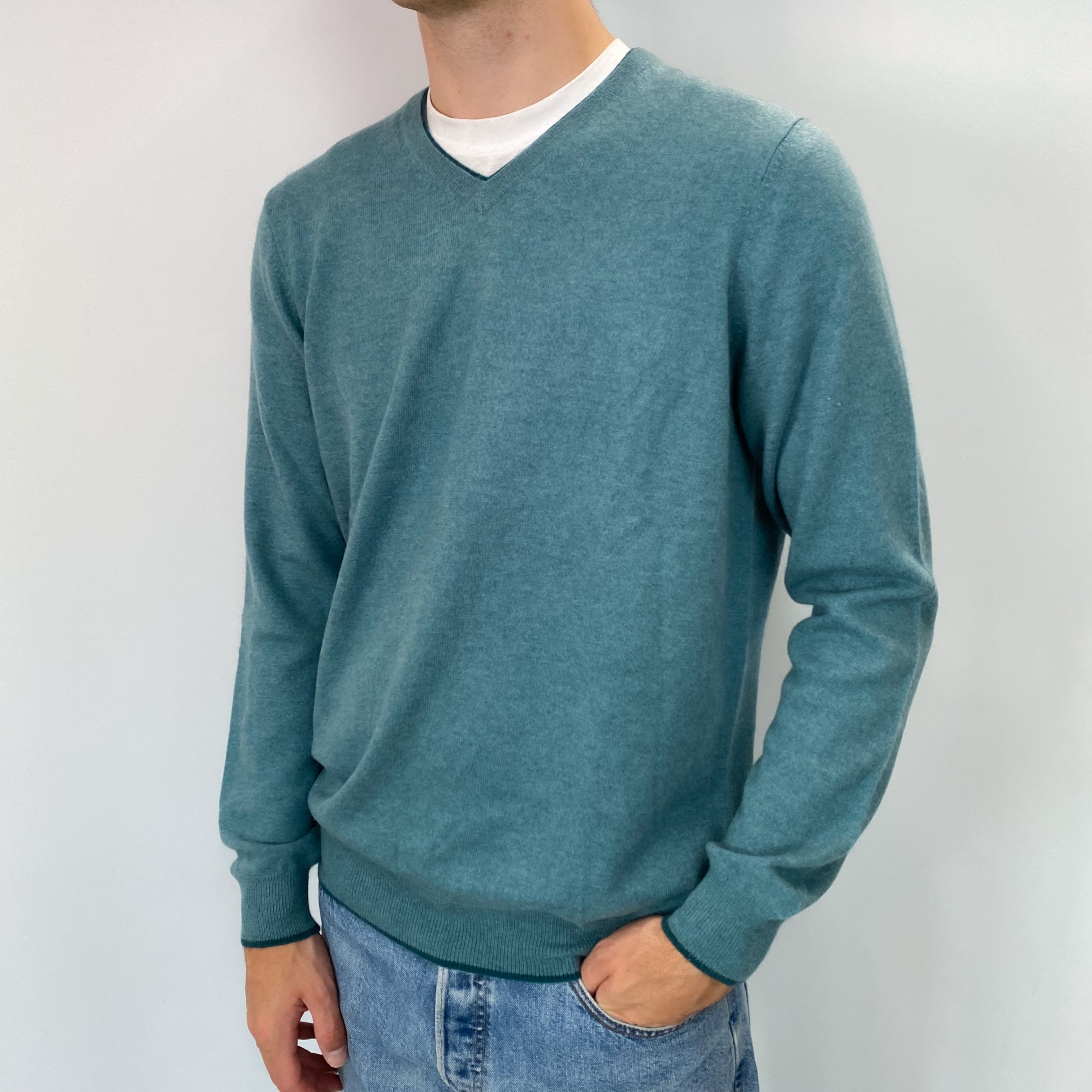Men's Seafoam Green Cashmere V Neck Jumper Large