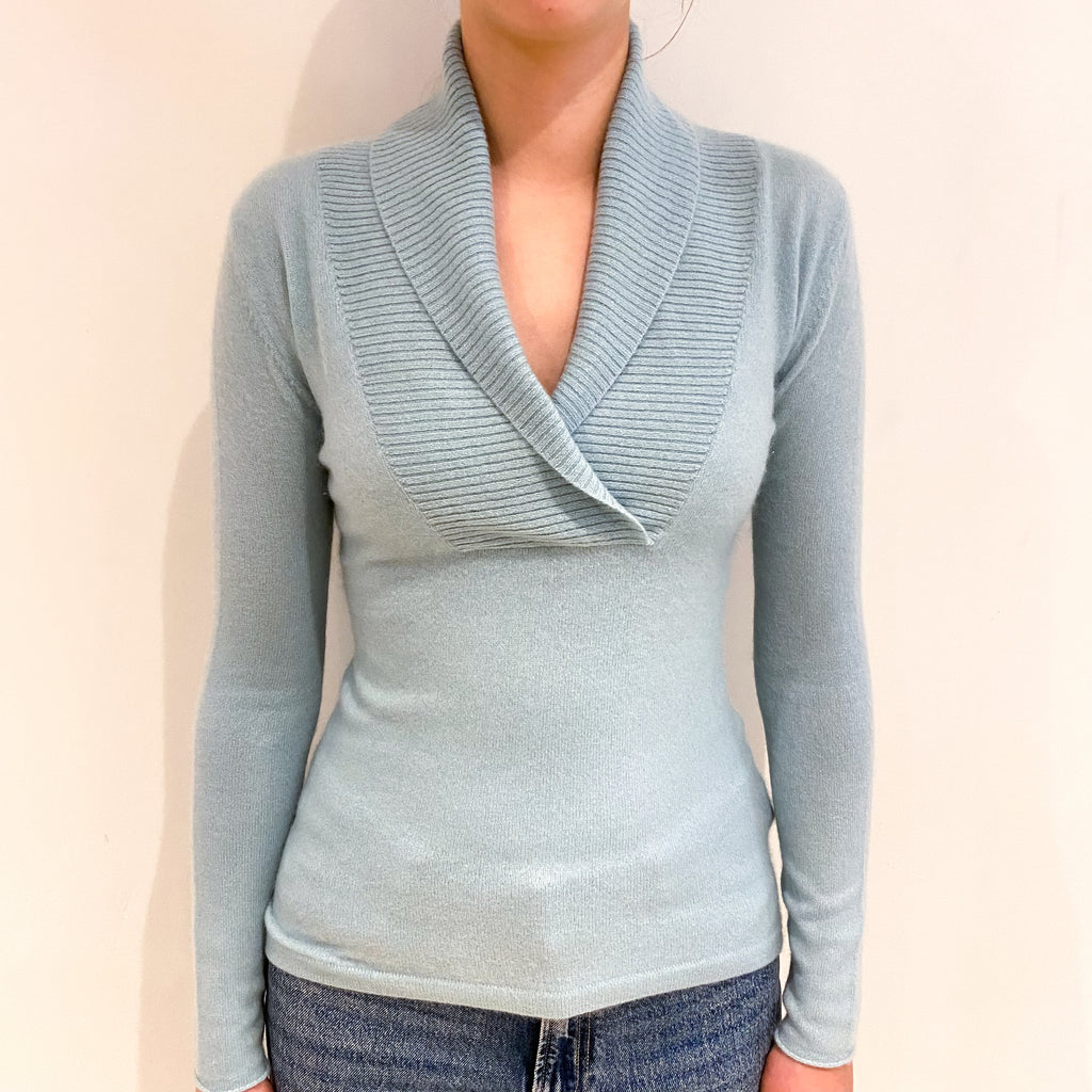 Mint Blue Cashmere Collared V Neck Jumper Extra Small