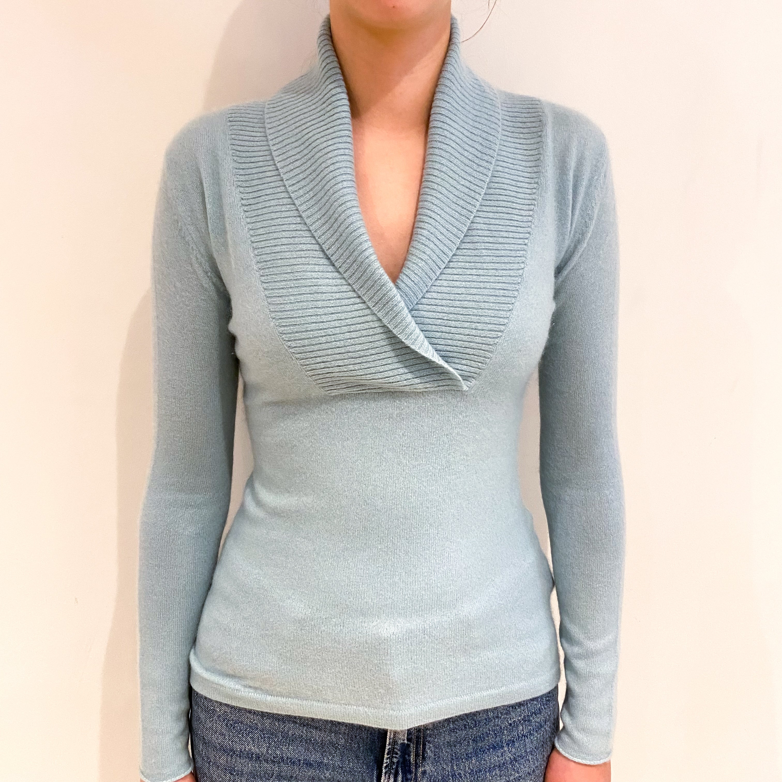 Mint Blue Cashmere Collared V Neck Jumper Extra Small