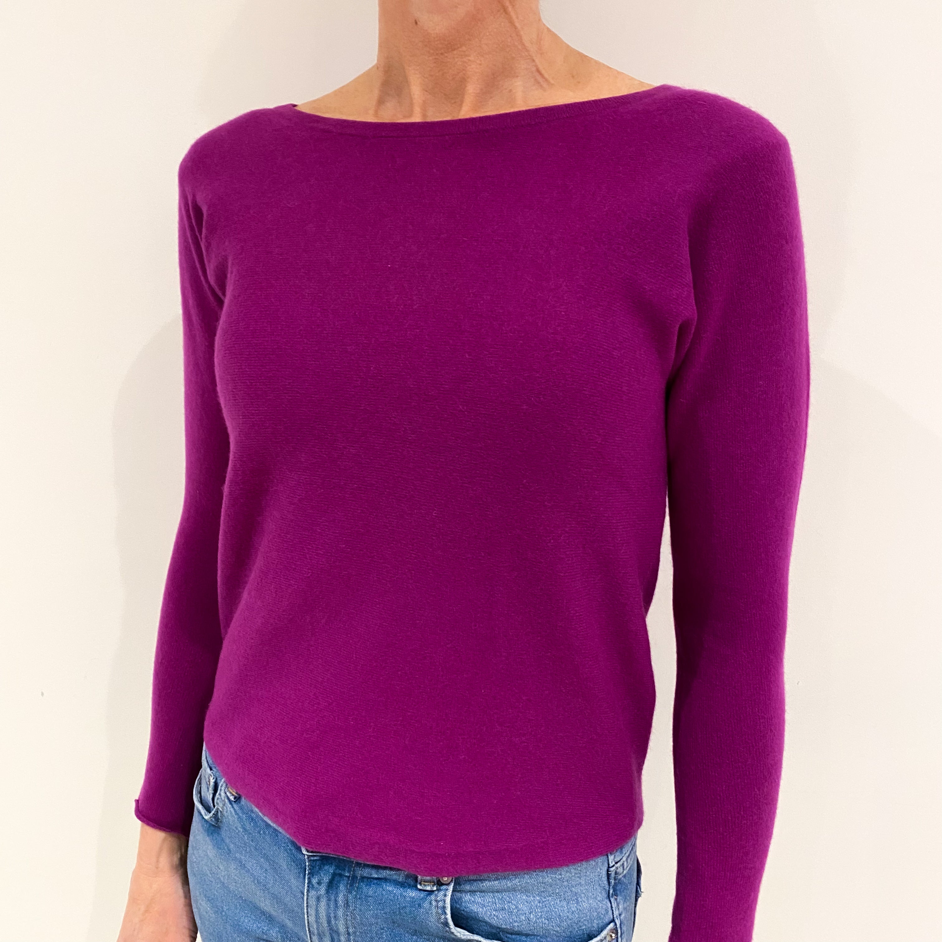 Magenta Purple Cashmere Slash Neck Jumper with Scooped Hem Small