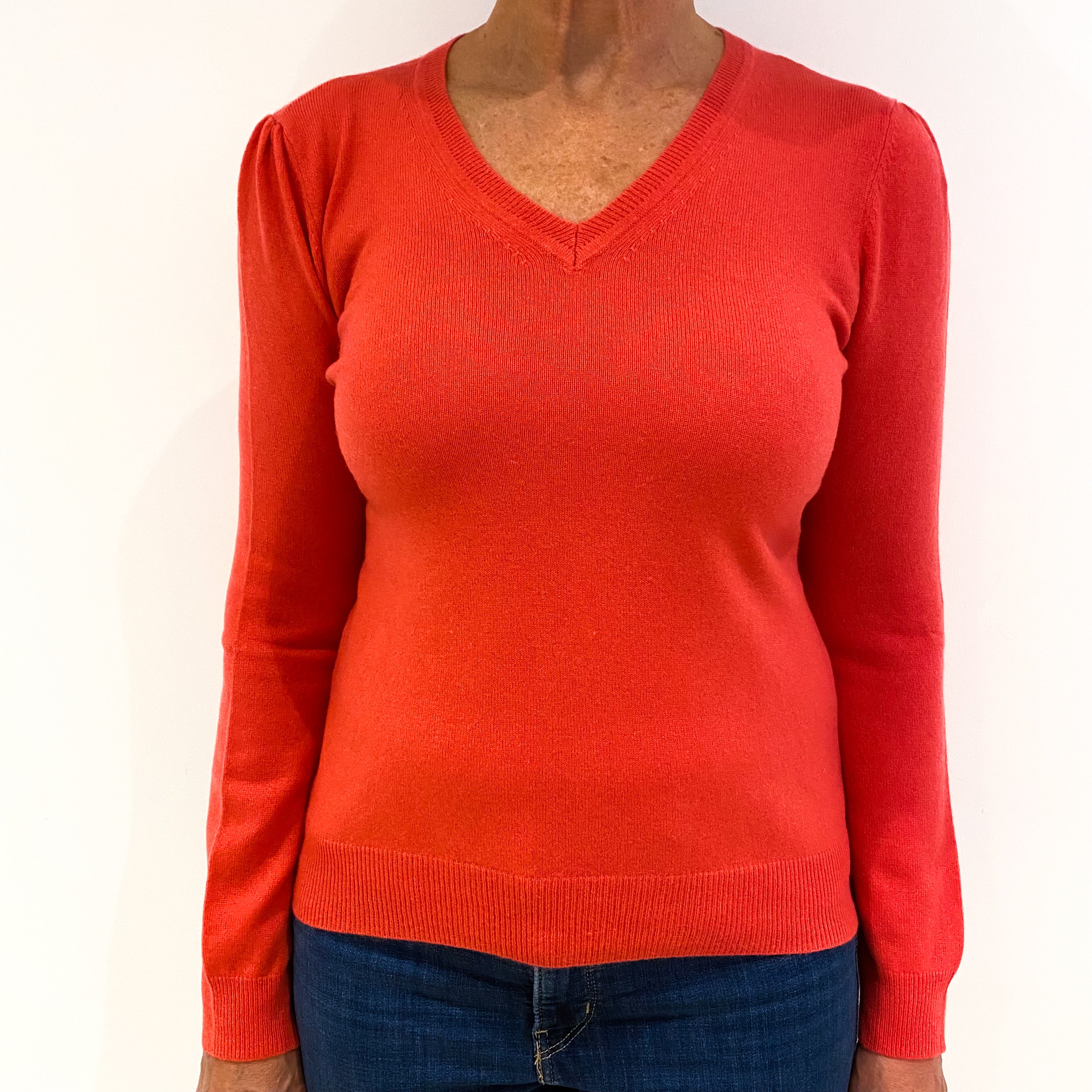 Bright Coral Pink Cashmere V-Neck Jumper Medium