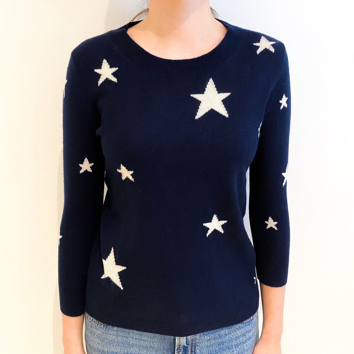 Navy Cream Star Cashmere Crew Neck Jumper Extra Small