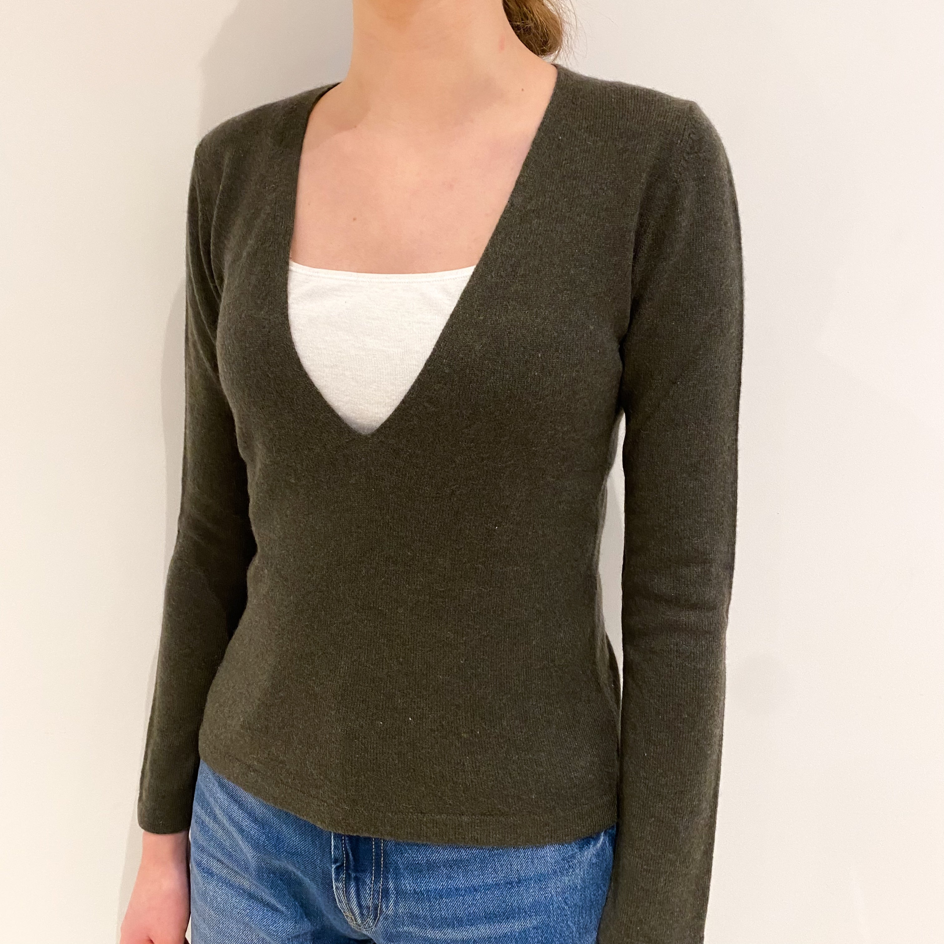 Khaki Green Cashmere Low V Neck Jumper Extra Small