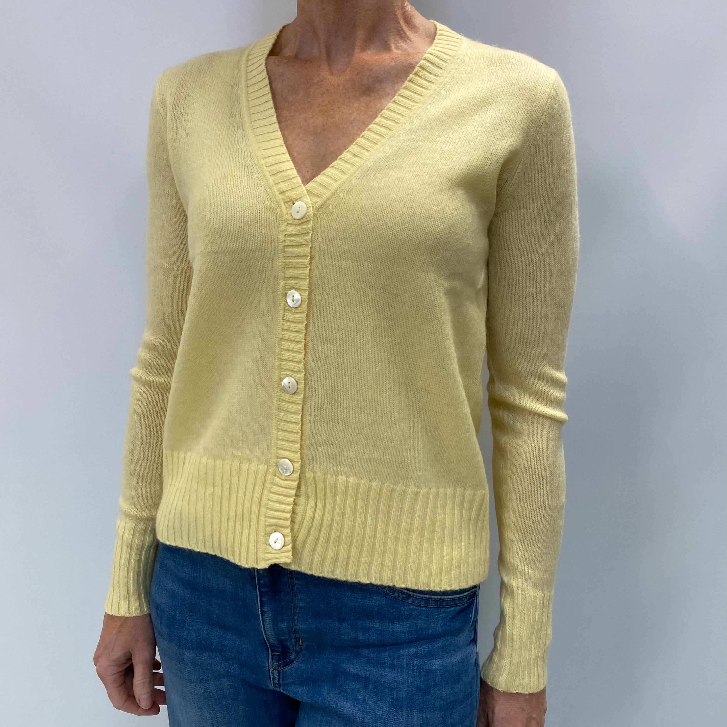 Primrose Yellow Cashmere Crew Neck Cardigan Small