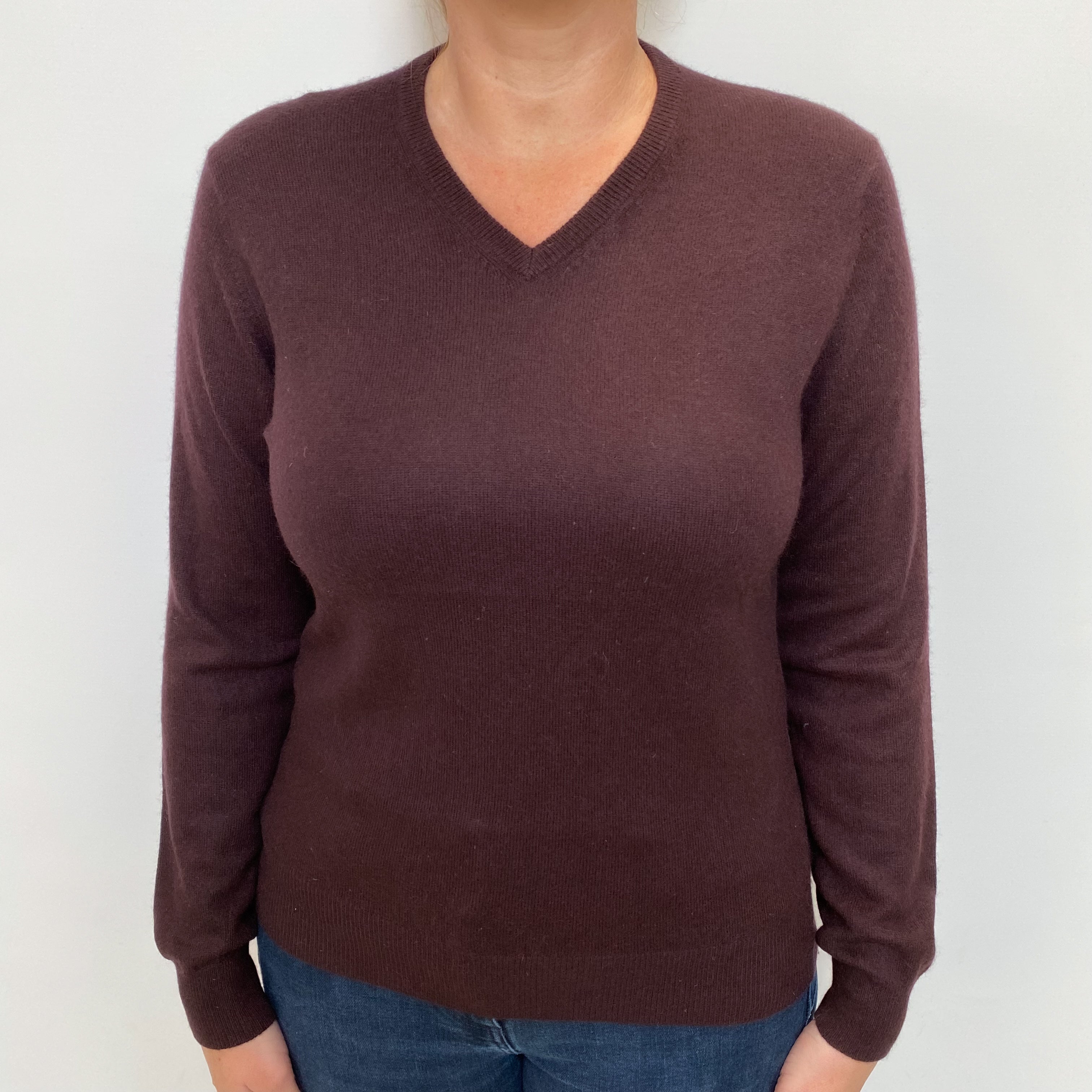 Aubergine Brown Cashmere V Neck Jumper Large