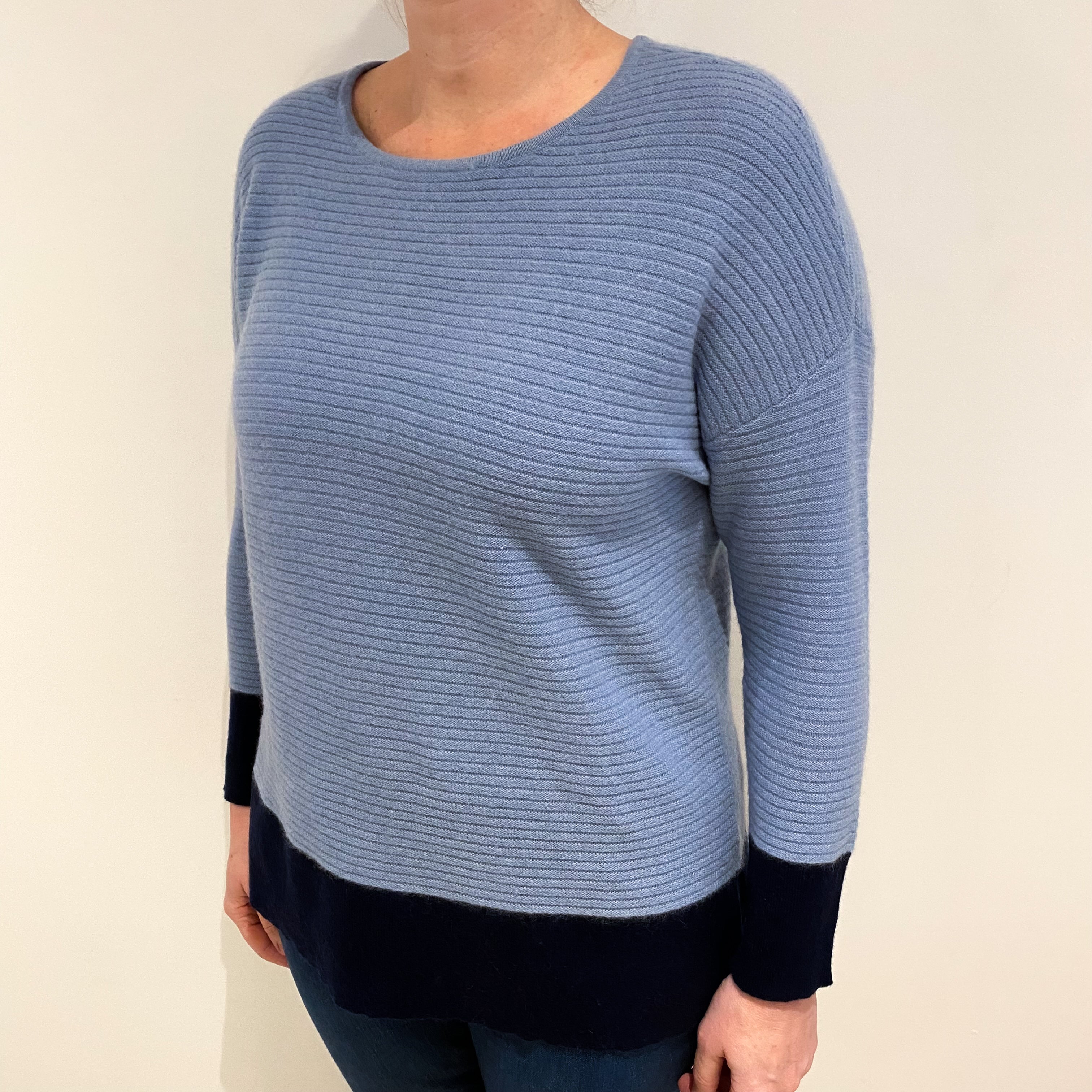 Denim Blue Navy Trim Cashmere Slash Neck Jumper Large