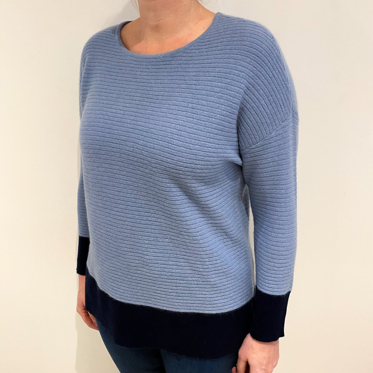 Denim Blue Navy Trim Cashmere Slash Neck Jumper Large