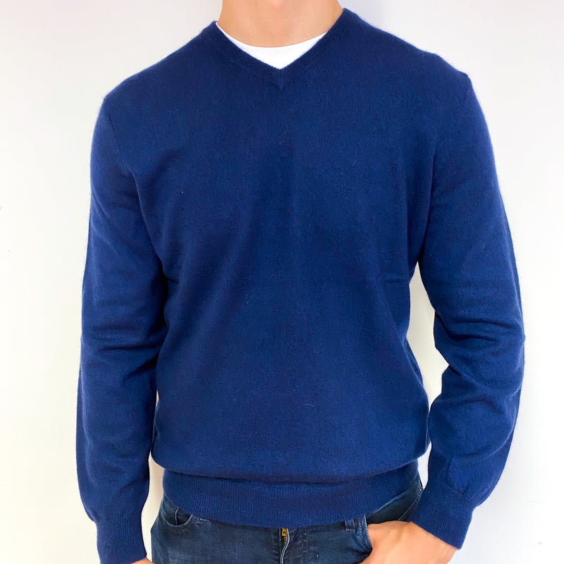 Men's Navy Blue Cashmere V-Neck Jumper Extra Large