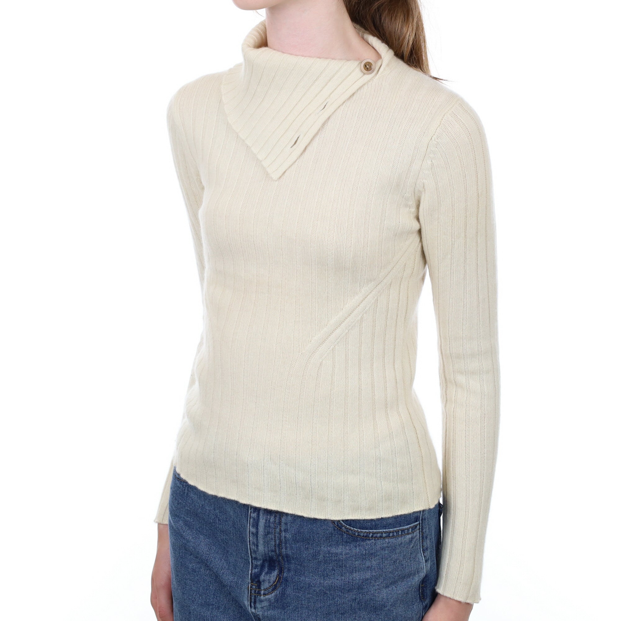Cream Rib Cashmere Split Polo Neck Jumper Extra Small
