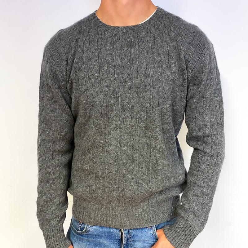 Men's Slate Grey Chunky Cable Knit Cashmere Crew Neck Jumper Extra Large