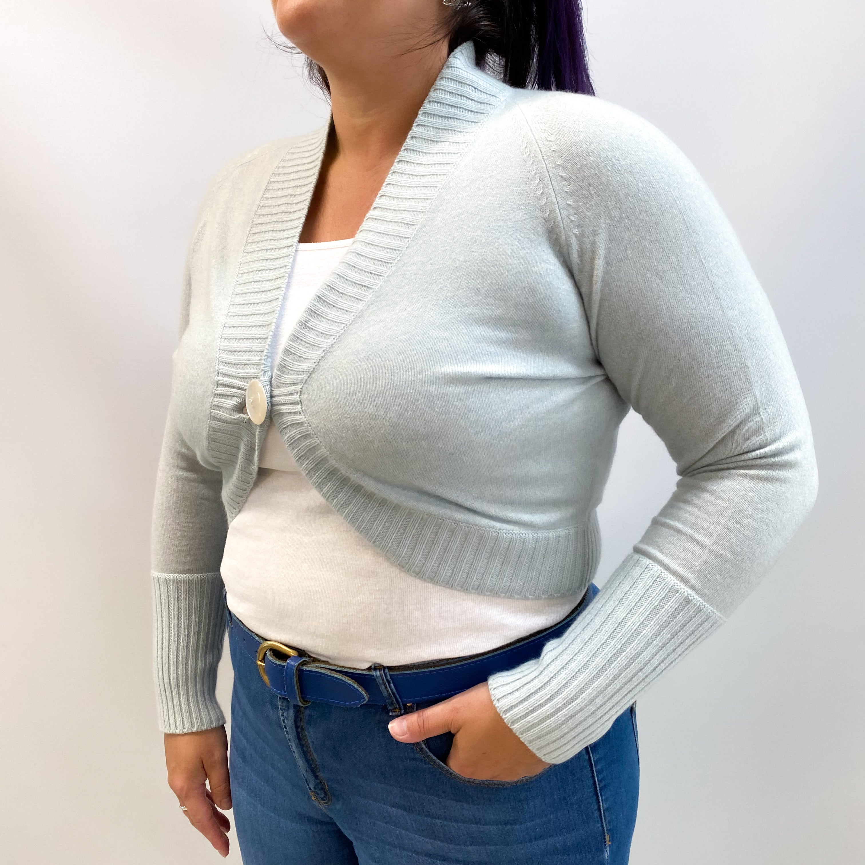 Italian Opal Blue Cashmere V Neck Shrug Cardigan Large