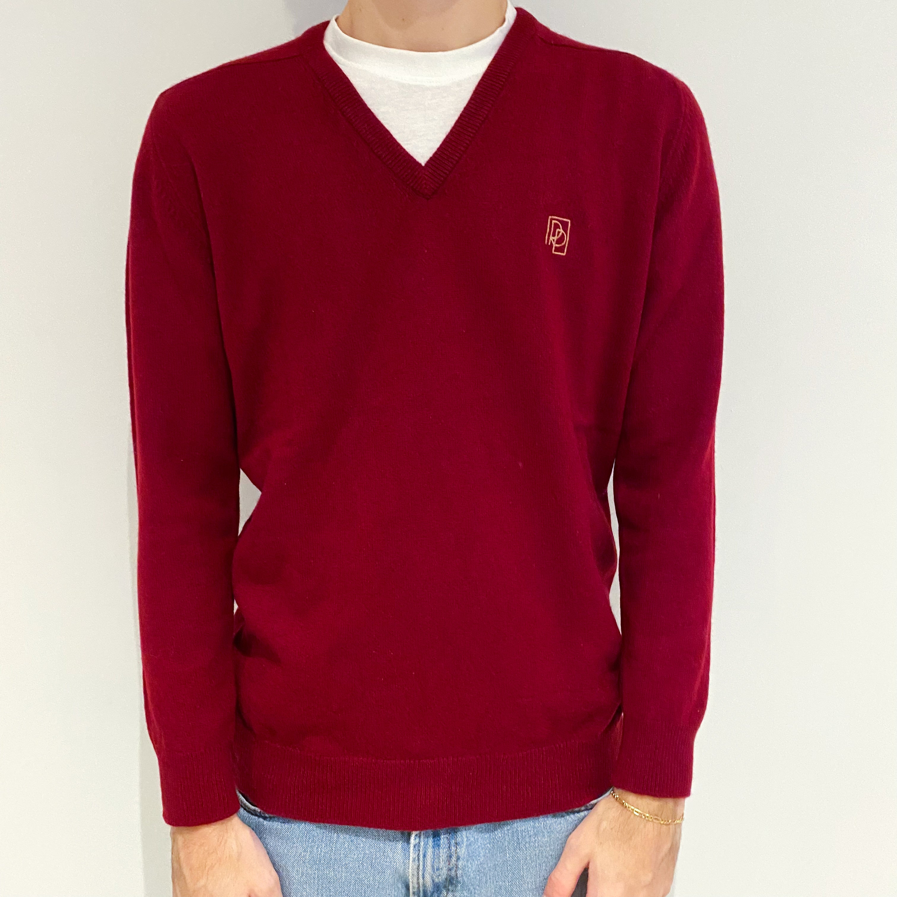 Men's Vintage Royal Pringle Crimson Red Cashmere V-Neck Jumper Large