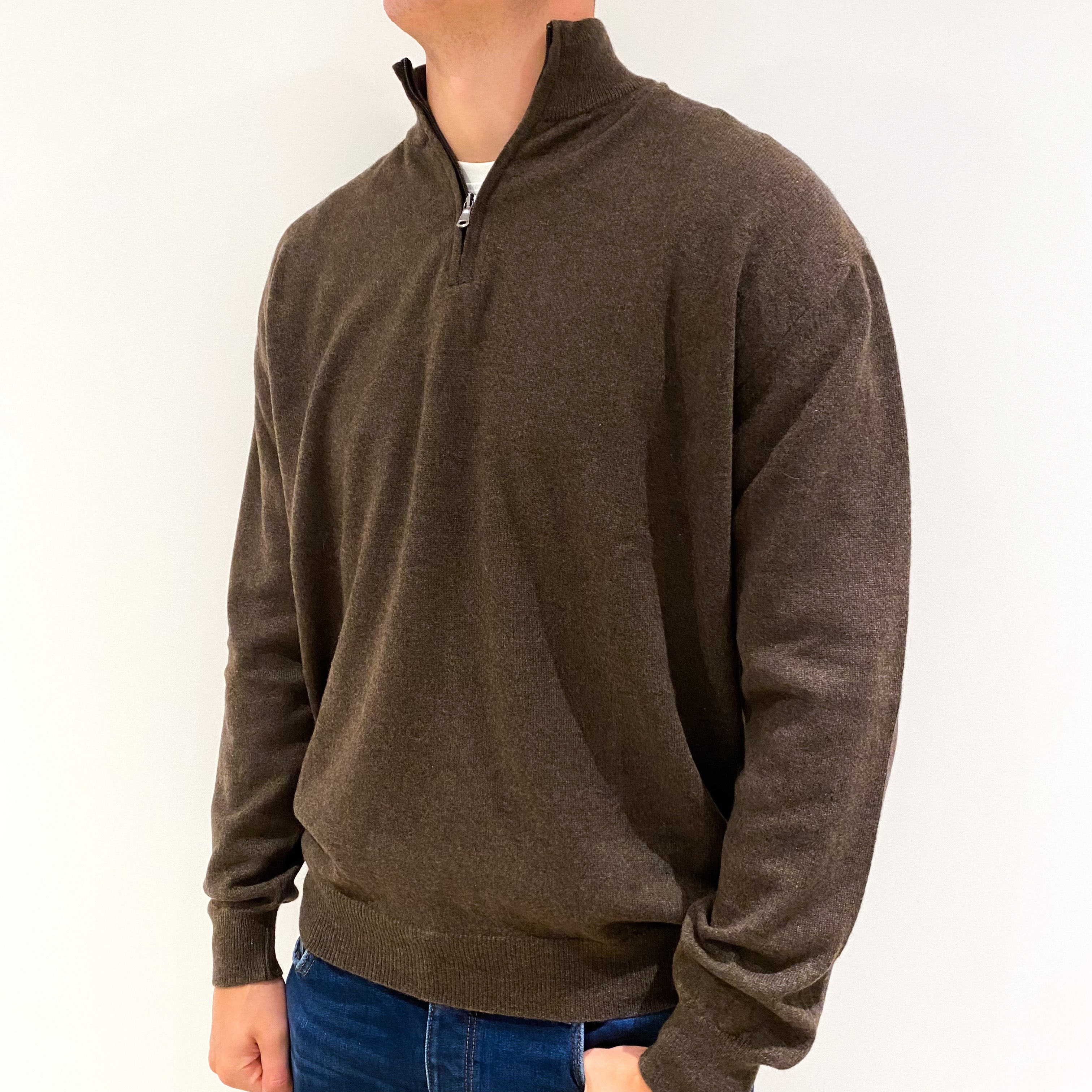 Men's Mole Brown Cashmere 1/4 Zip Jumper Extra Extra Large