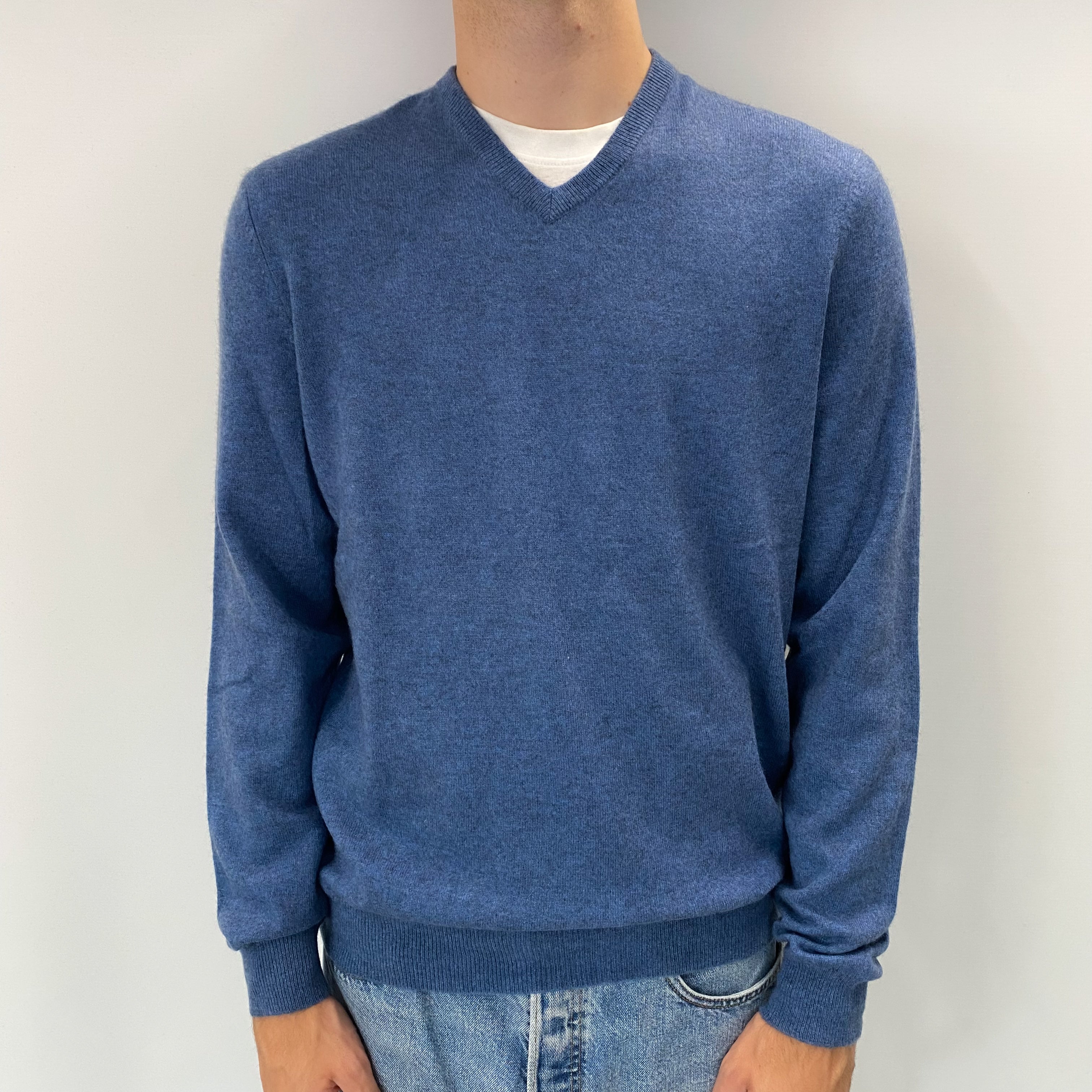Men's Airforce Blue Marl Cashmere V Neck Jumper Large