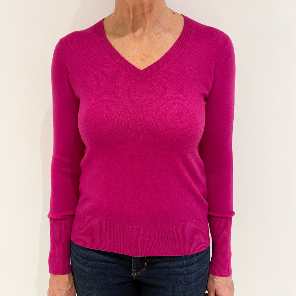Magenta Pink Cashmere V-Neck Jumper Medium
