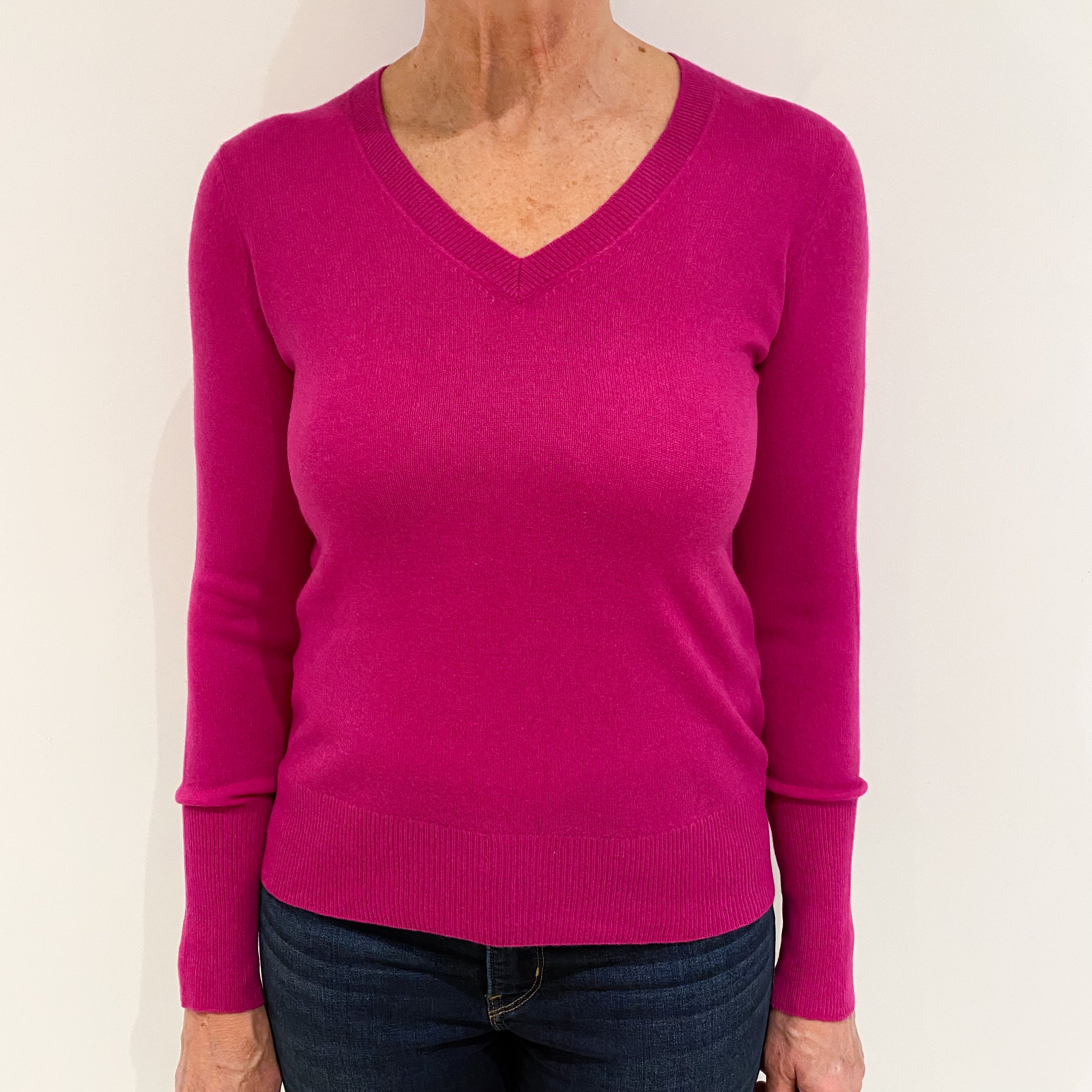 Magenta Pink Cashmere V-Neck Jumper Medium