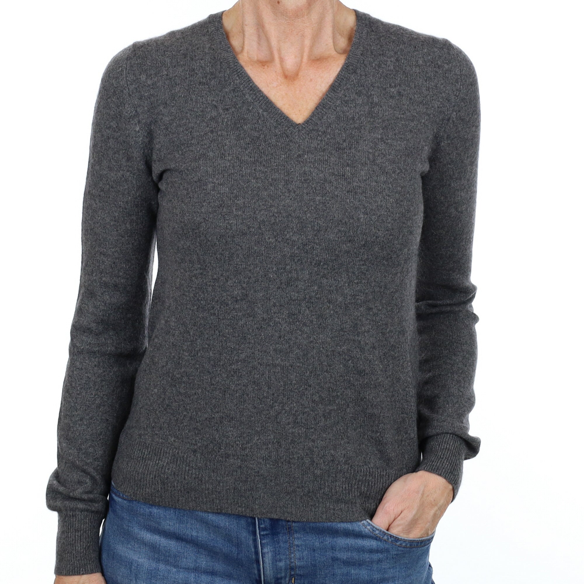 Ash Grey Cashmere V Neck Jumper Small