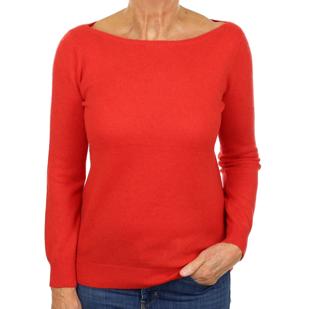 Vermillion Red Cashmere Slash Neck Jumper Medium