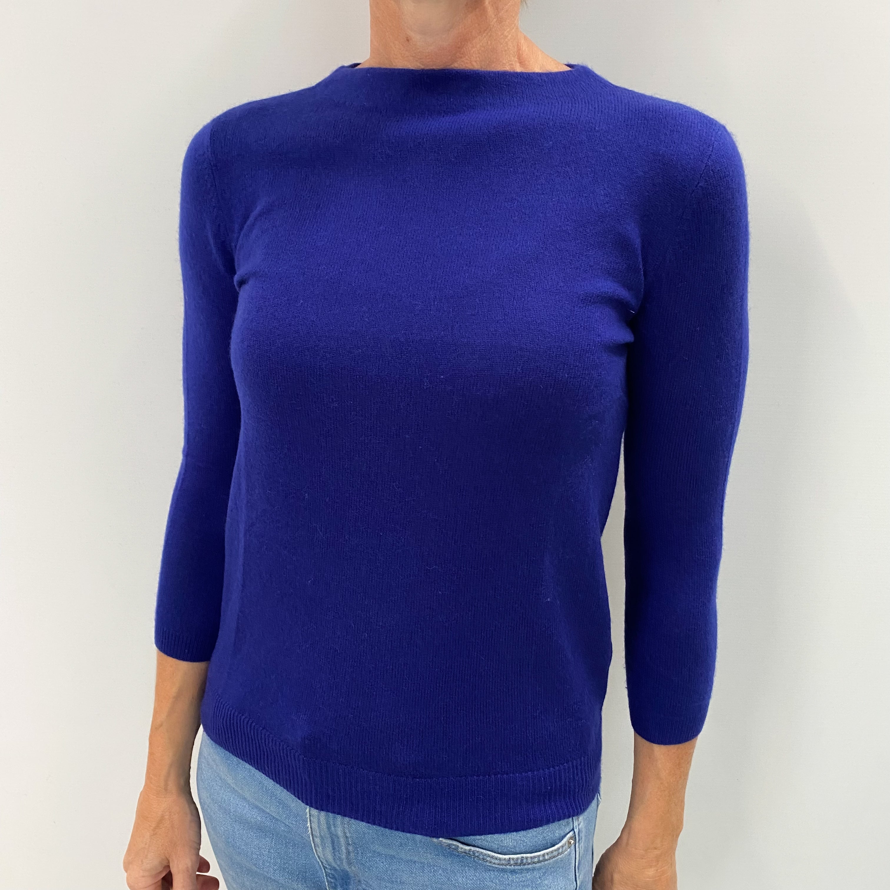Indigo Blue Cashmere 3/4 Sleeve Boat Neck Jumper Small