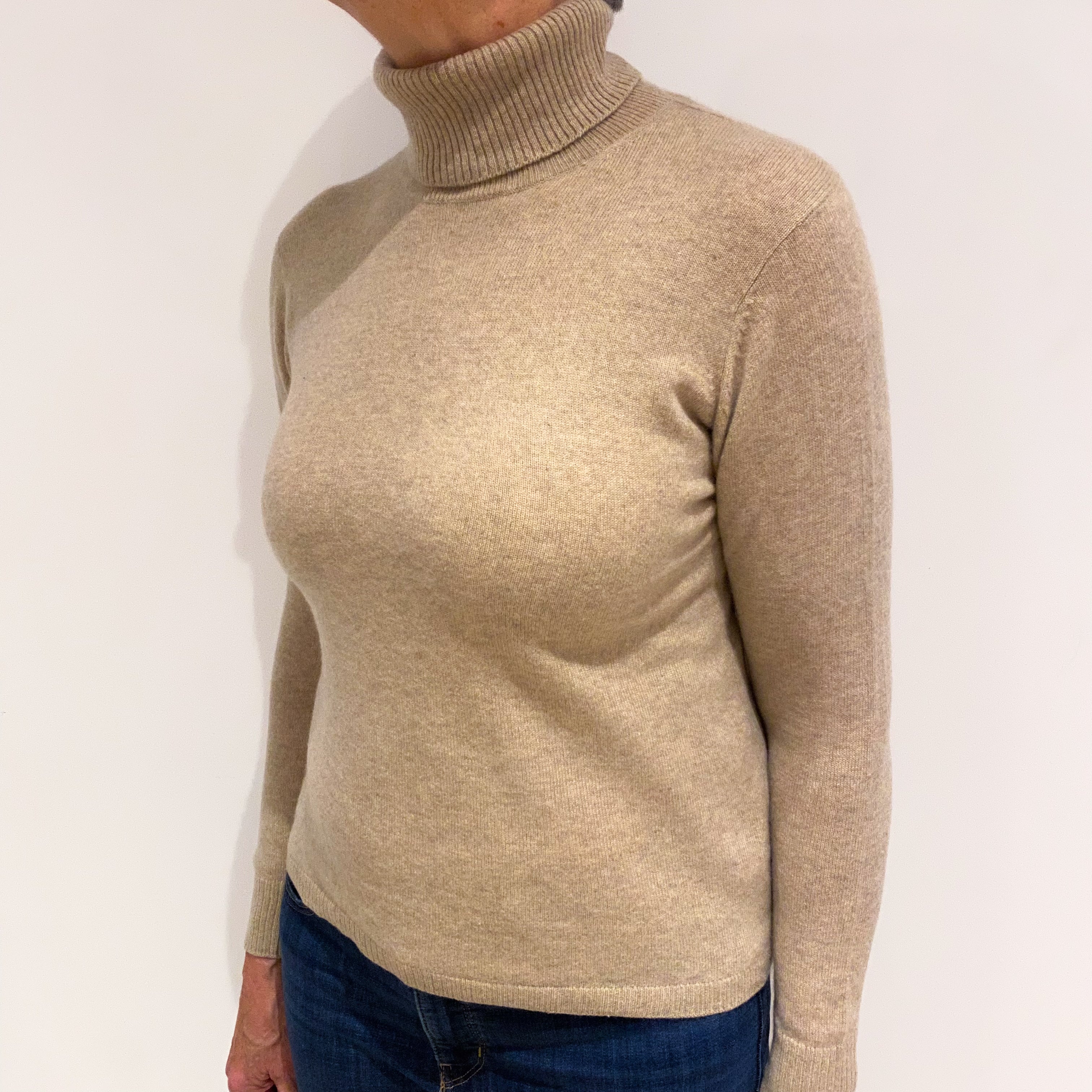 Sand Beige Cashmere Polo Neck Jumper Medium