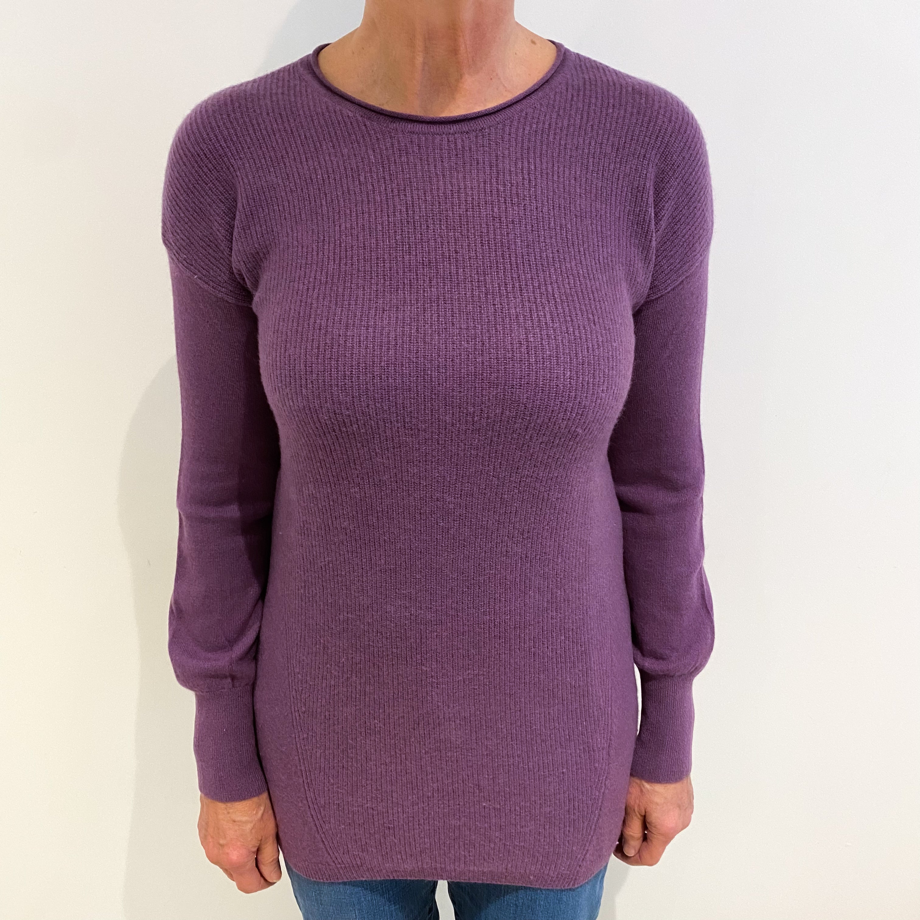 Wisteria Purple Cashmere Crew Neck Ribbed Knit Jumper Medium