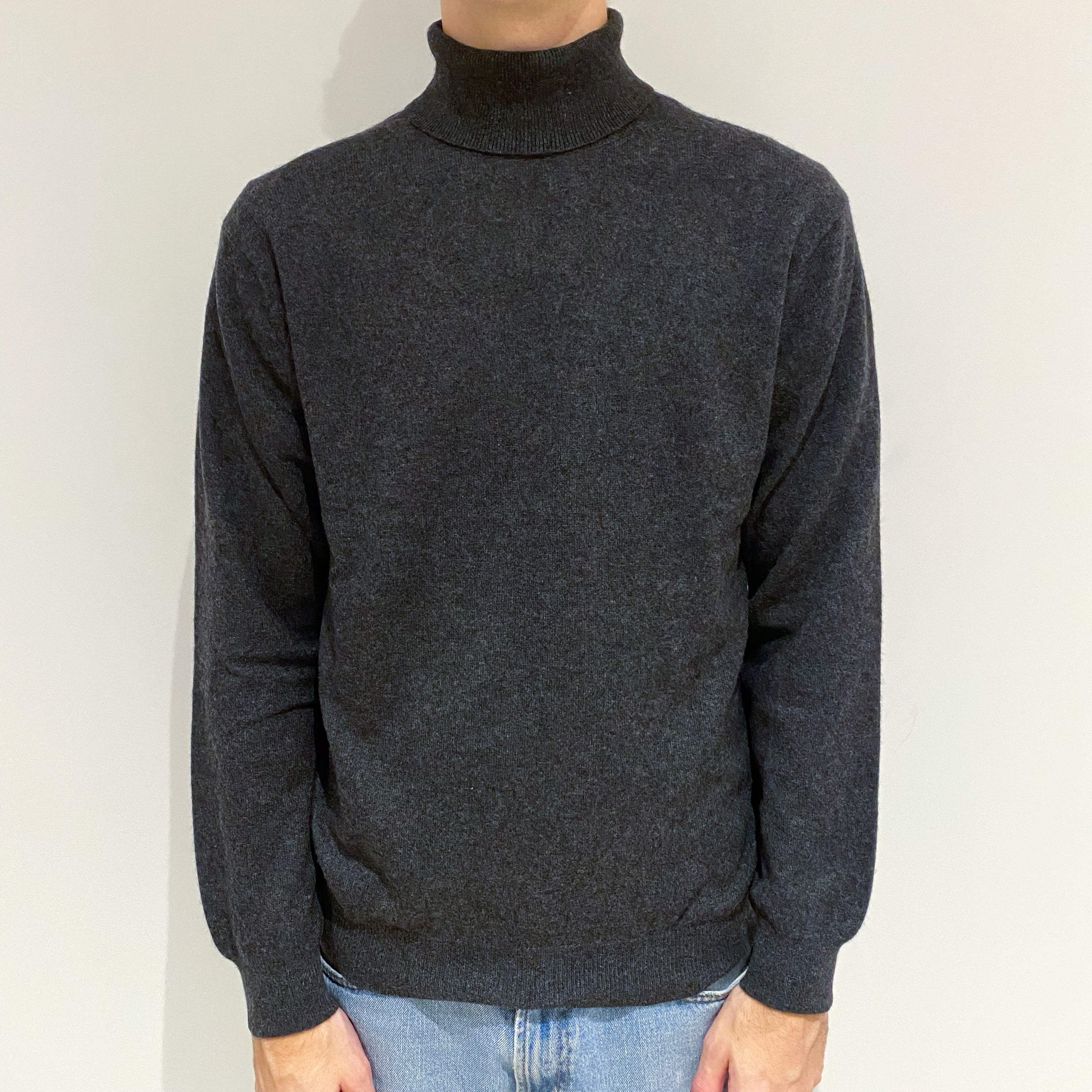 Men's Charcoal Grey Cashmere Polo Neck Jumper Large