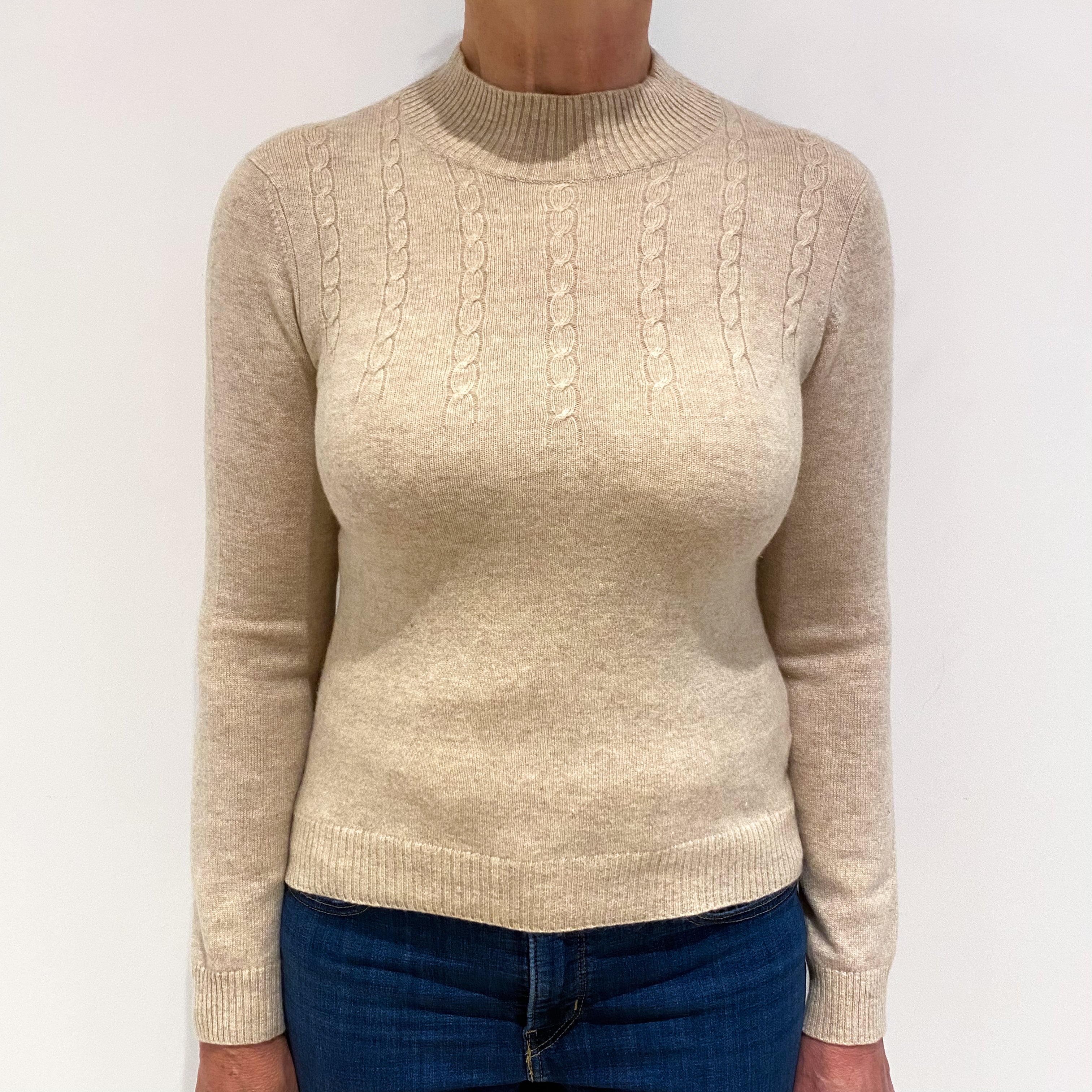 Sand Beige Cable Cashmere Turtle Neck Jumper Medium