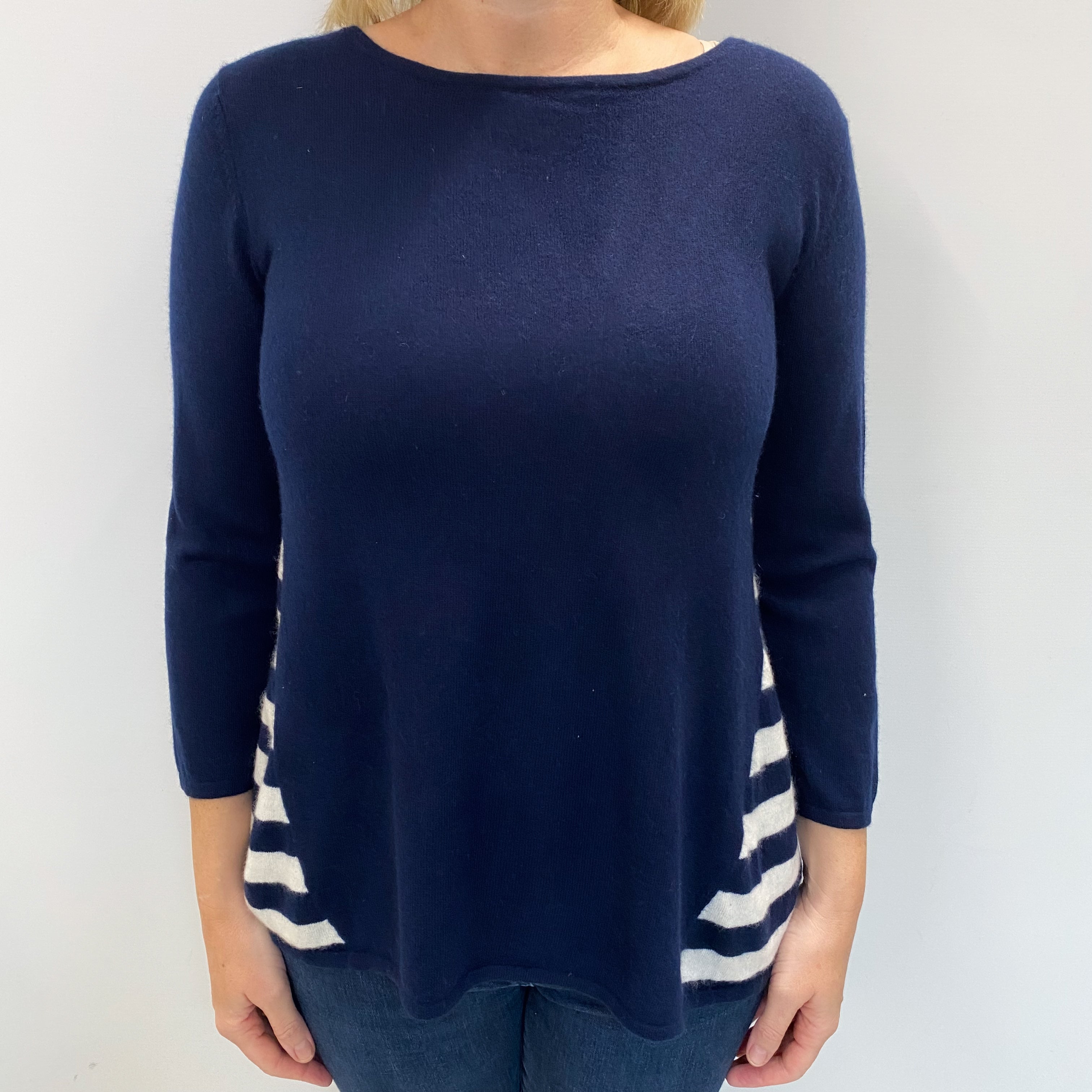 Navy And White Striped Cashmere Crew Neck Jumper Large