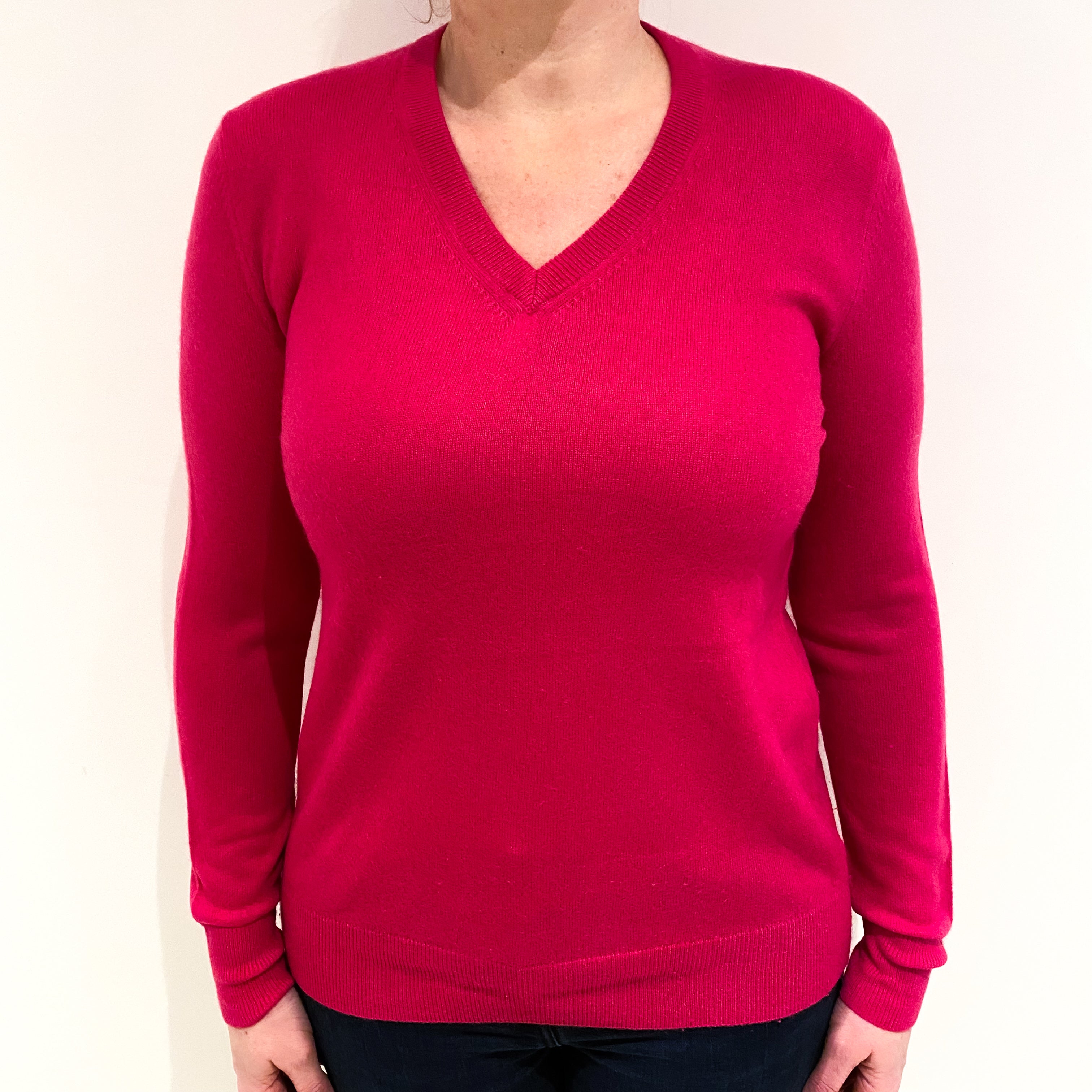Fuchsia Pink Cashmere V Neck Jumper Large