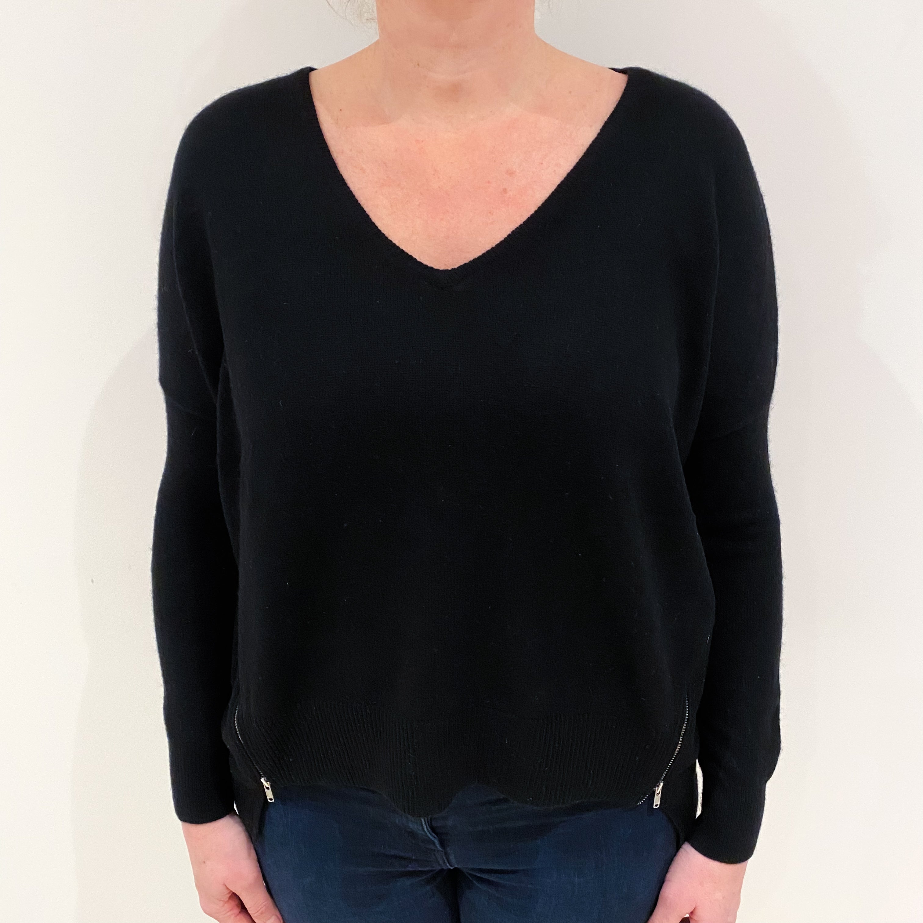 Black Cashmere V Neck Jumper Large