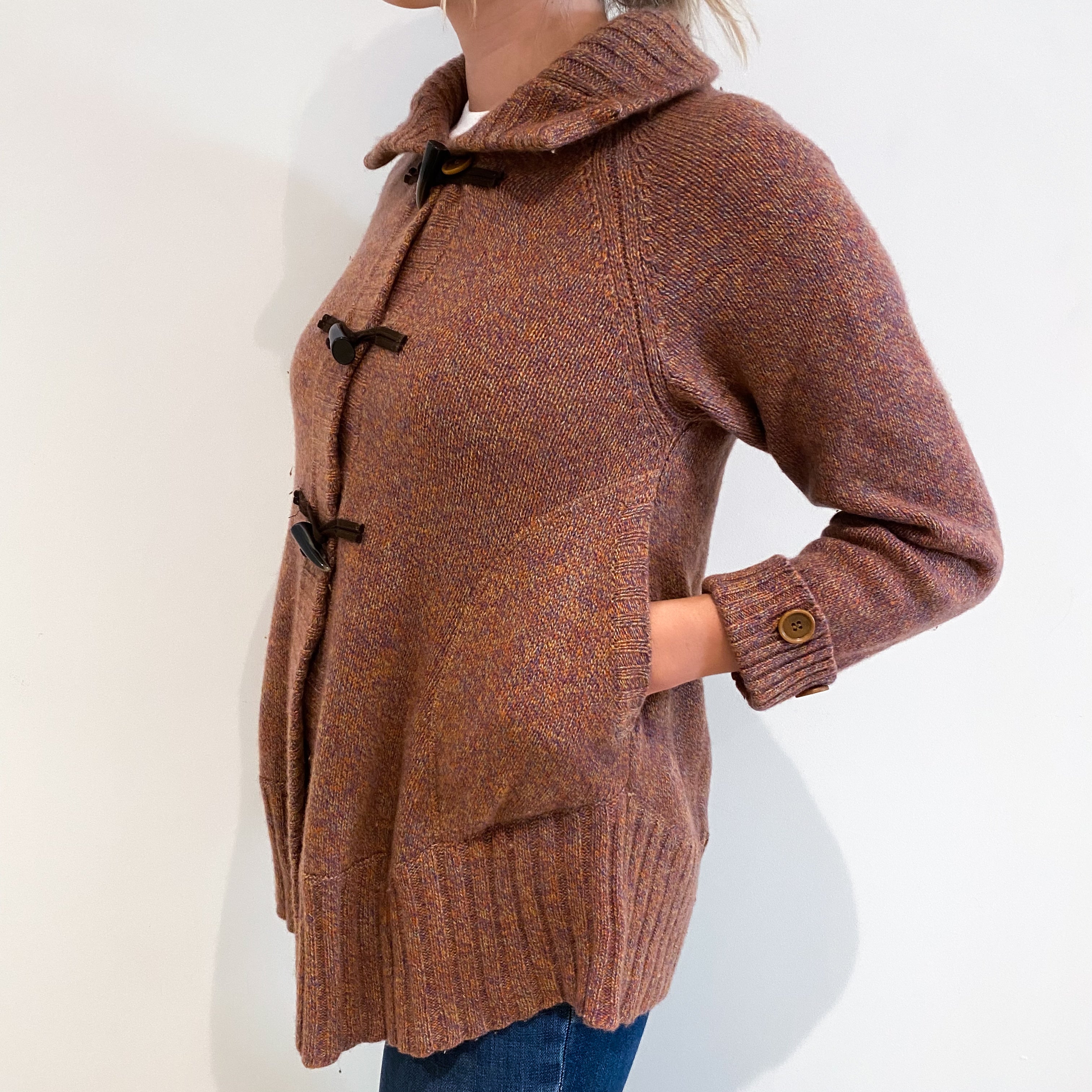 Rust Brown Marl Cashmere Chunky Toggle Fasten Cardigan Small
