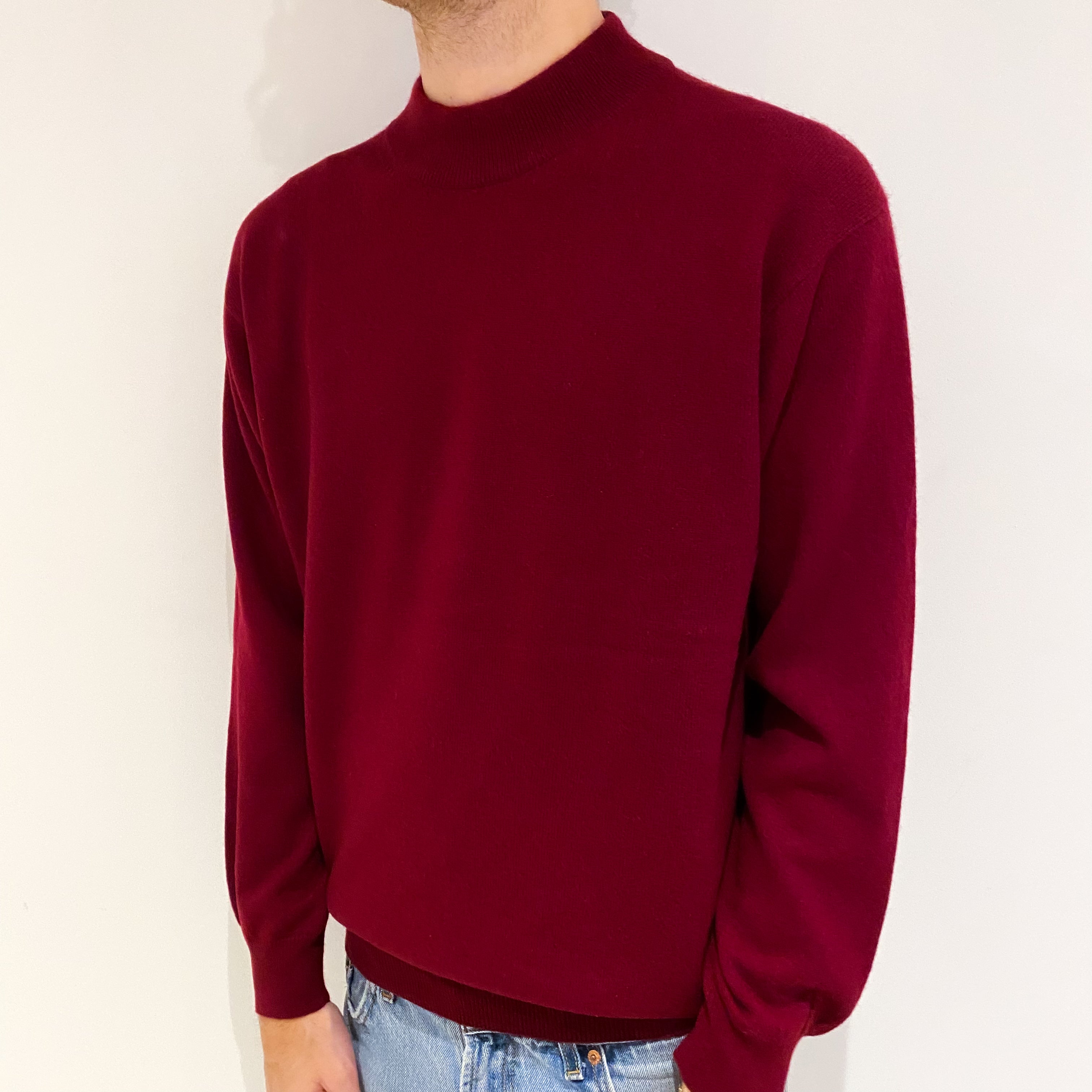 Men's Burgundy Red Cashmere Turtle Neck Jumper Large