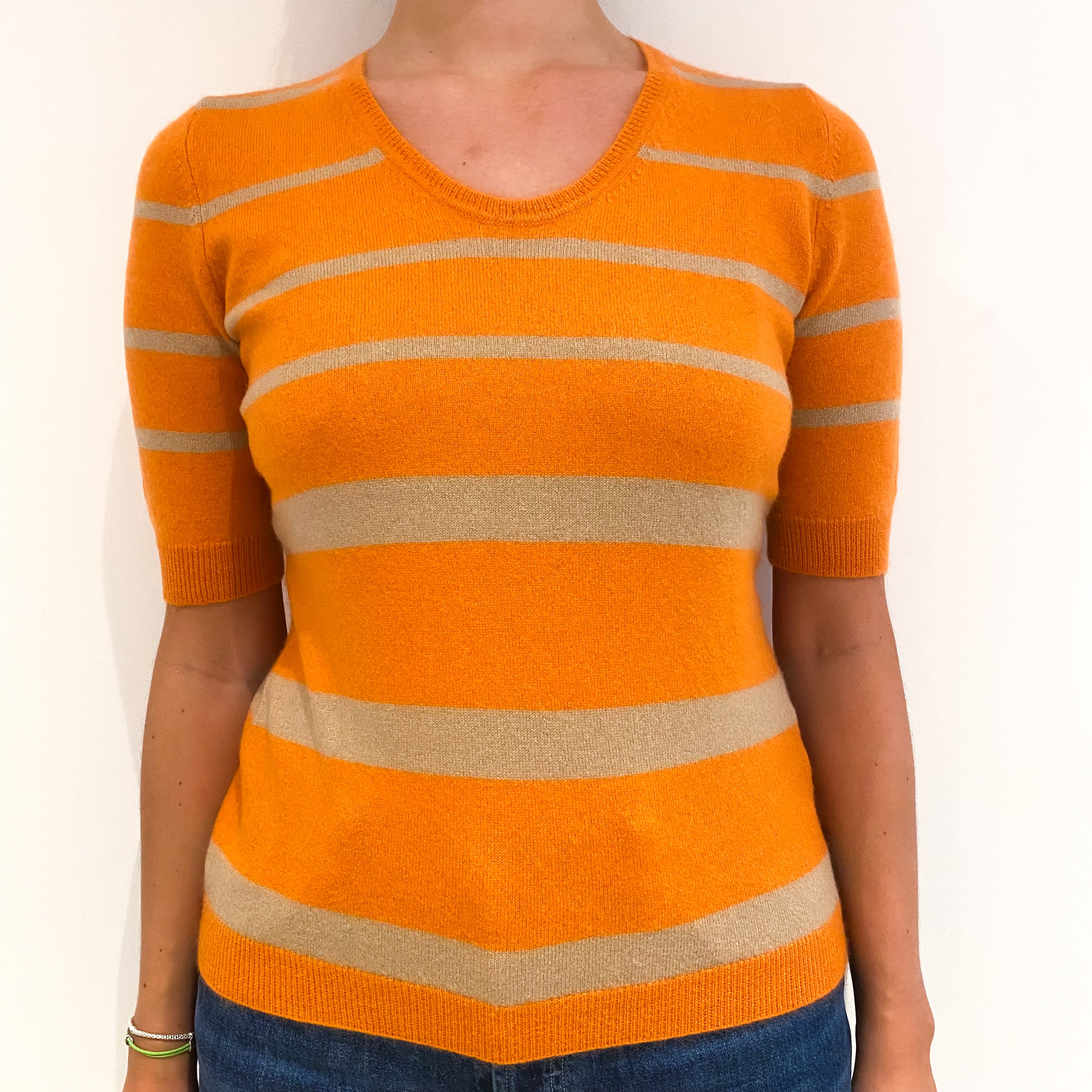 Orange and Caramel Striped Short Sleeved Cashmere Crew Neck Jumper Medium