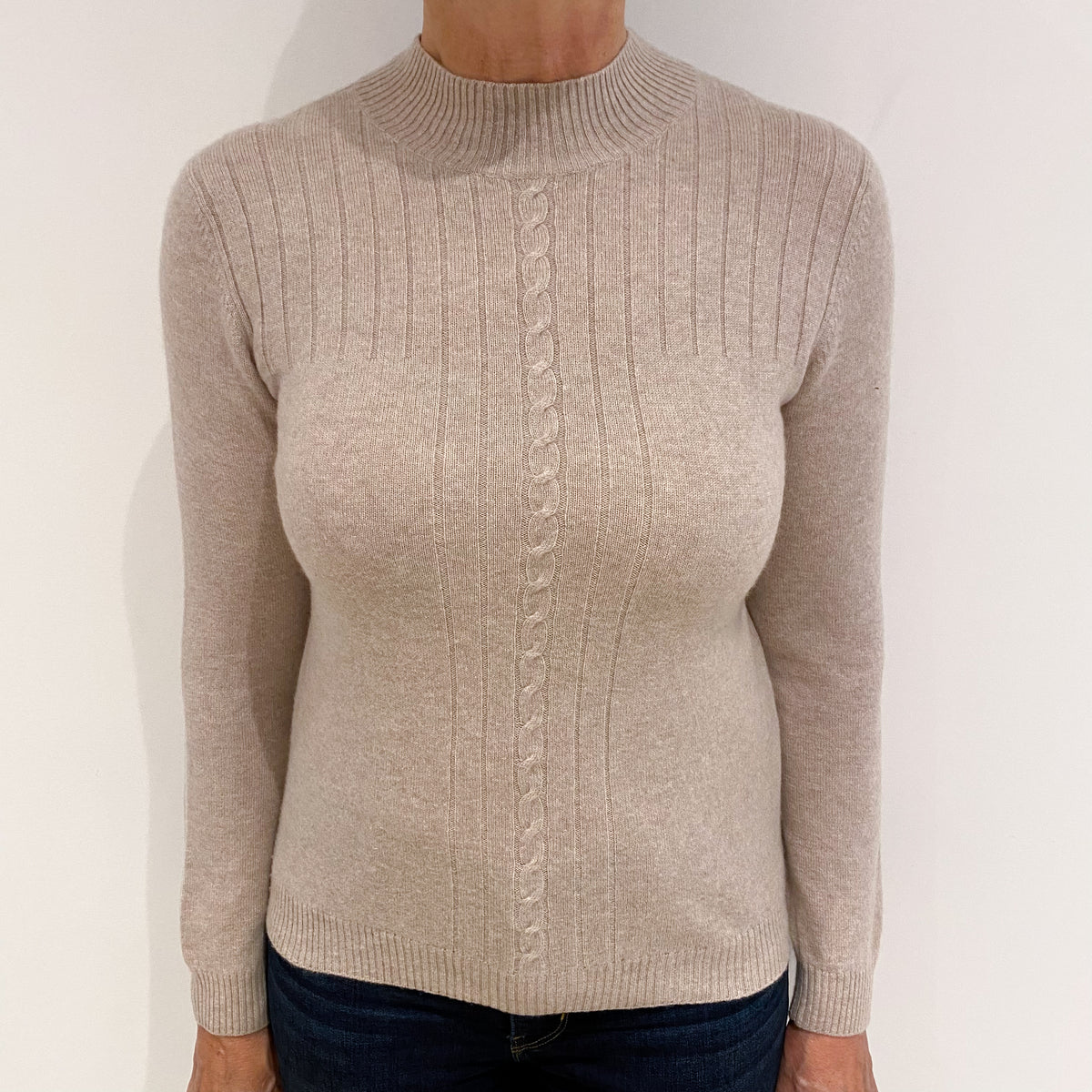 Sand Beige Ribbed Cashmere Turtle Neck Jumper Medium