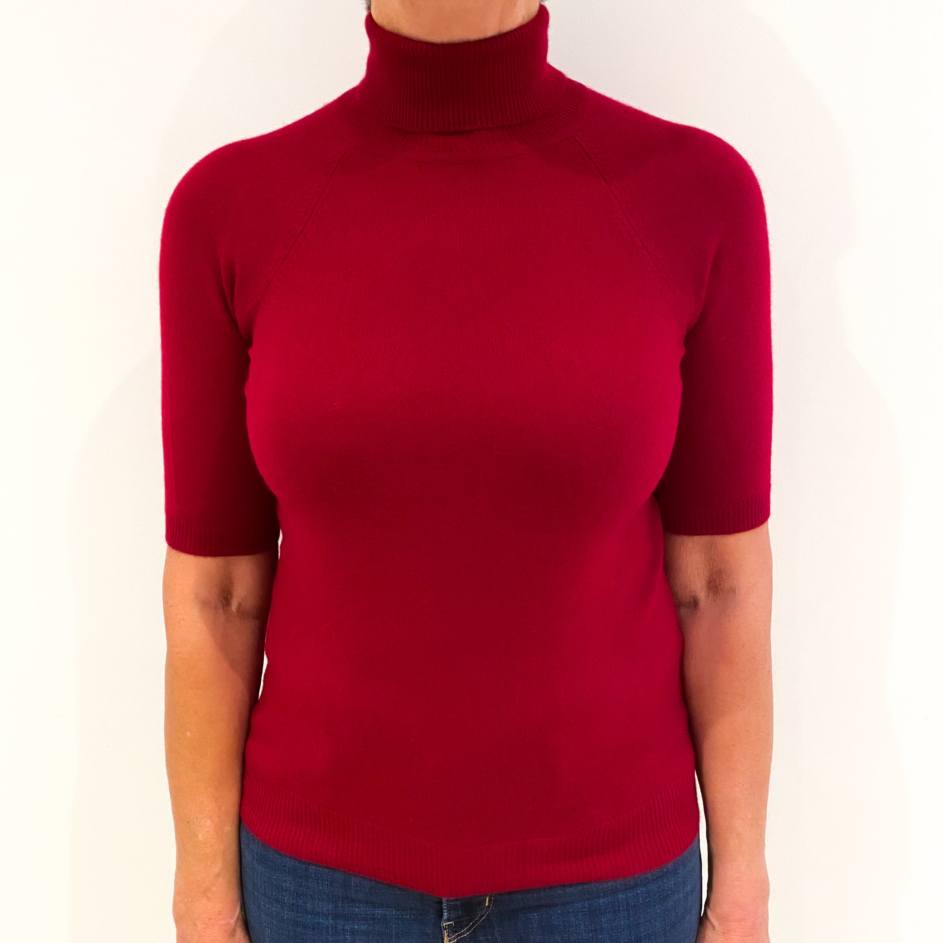 Crimson Red Short Sleeved Cashmere Polo Neck Medium