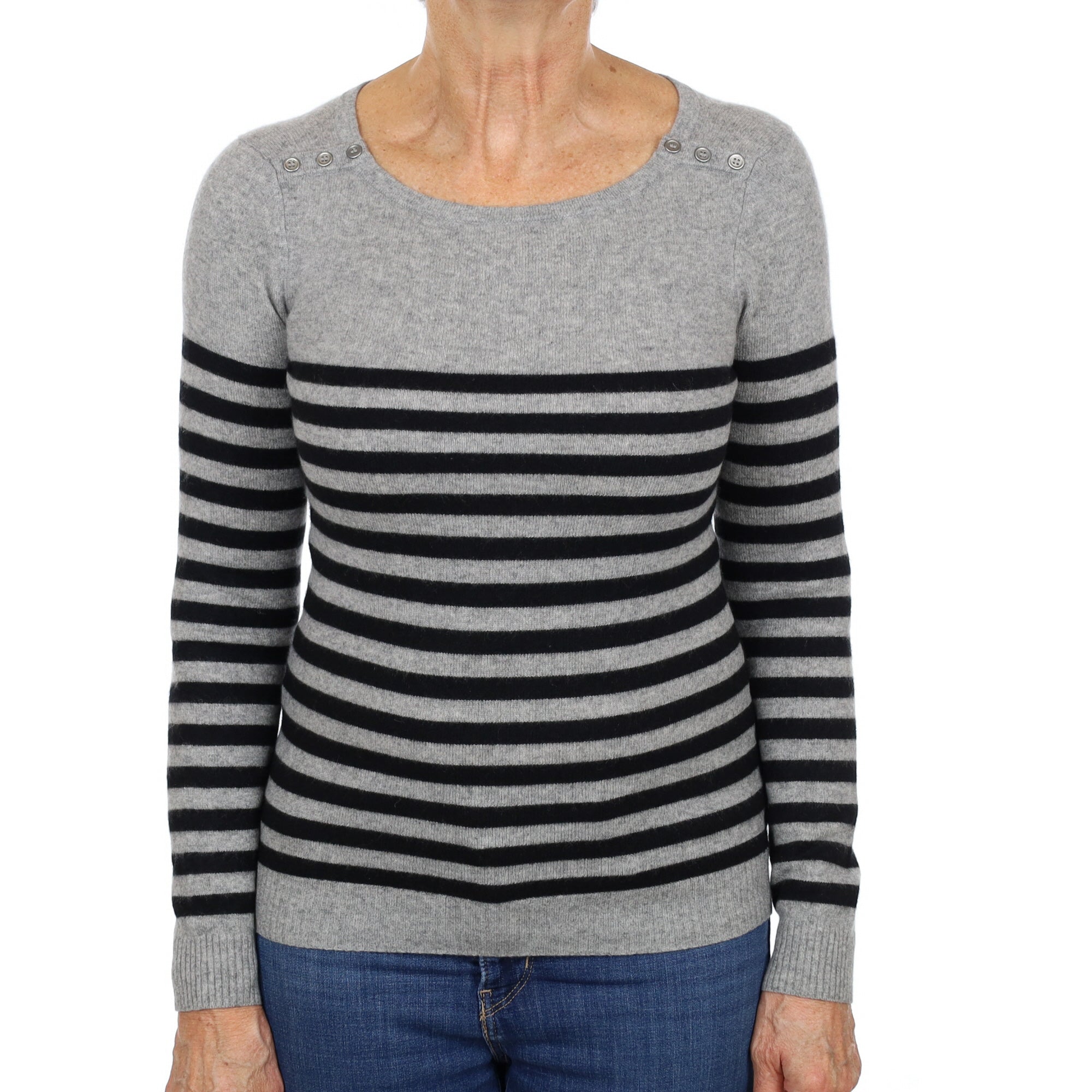 Grey and Black Striped Cashmere Crew Neck Jumper Medium