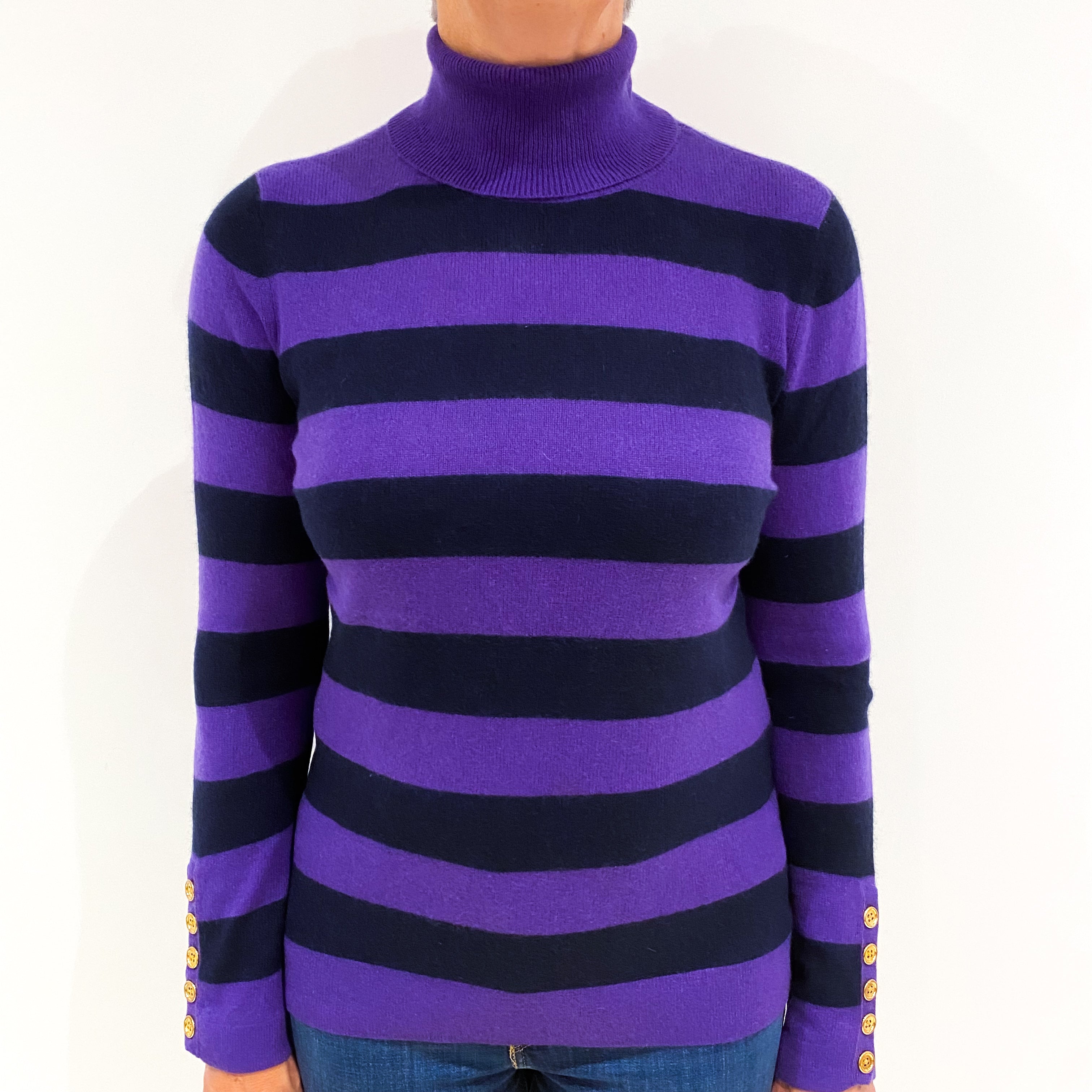 Navy and Pansy Purple Striped Cashmere Polo Neck Jumper Medium