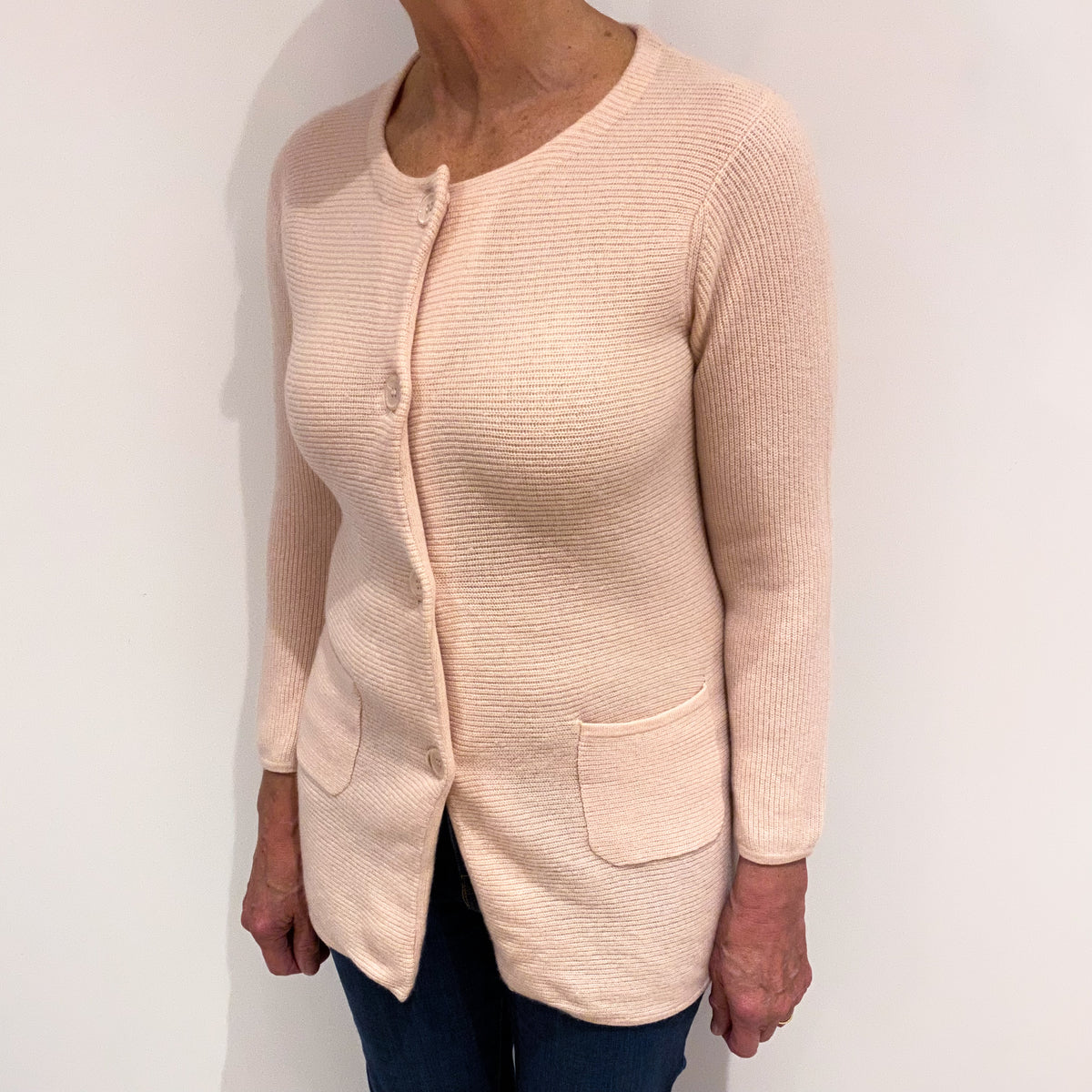 Shell Pink Longline Cashmere Crew Neck Cardigan Medium