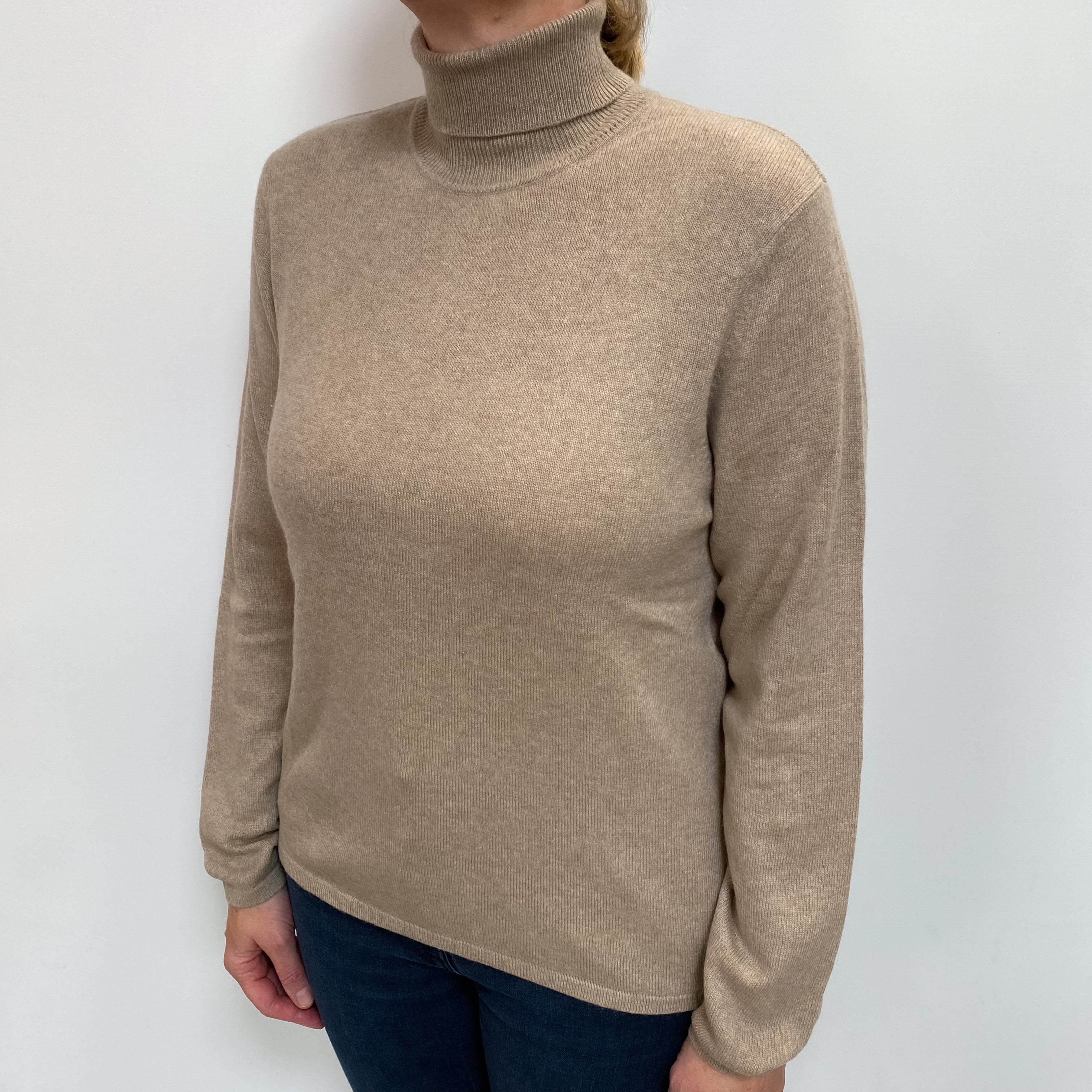 Biscuit Brown Cashmere Polo Neck Jumper Large
