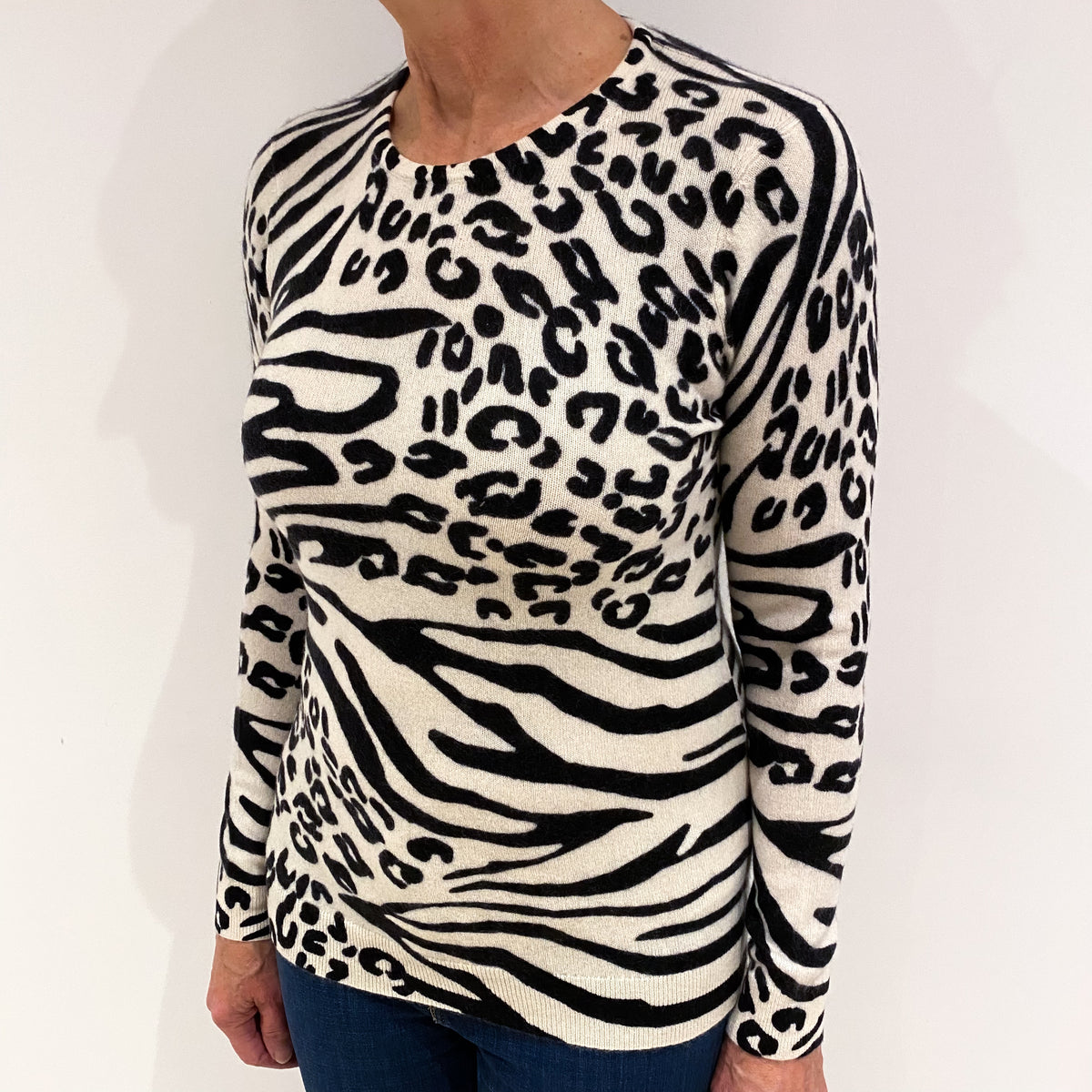 Charcoal and Cream Animal Print Cashmere Crew Neck Jumper Medium